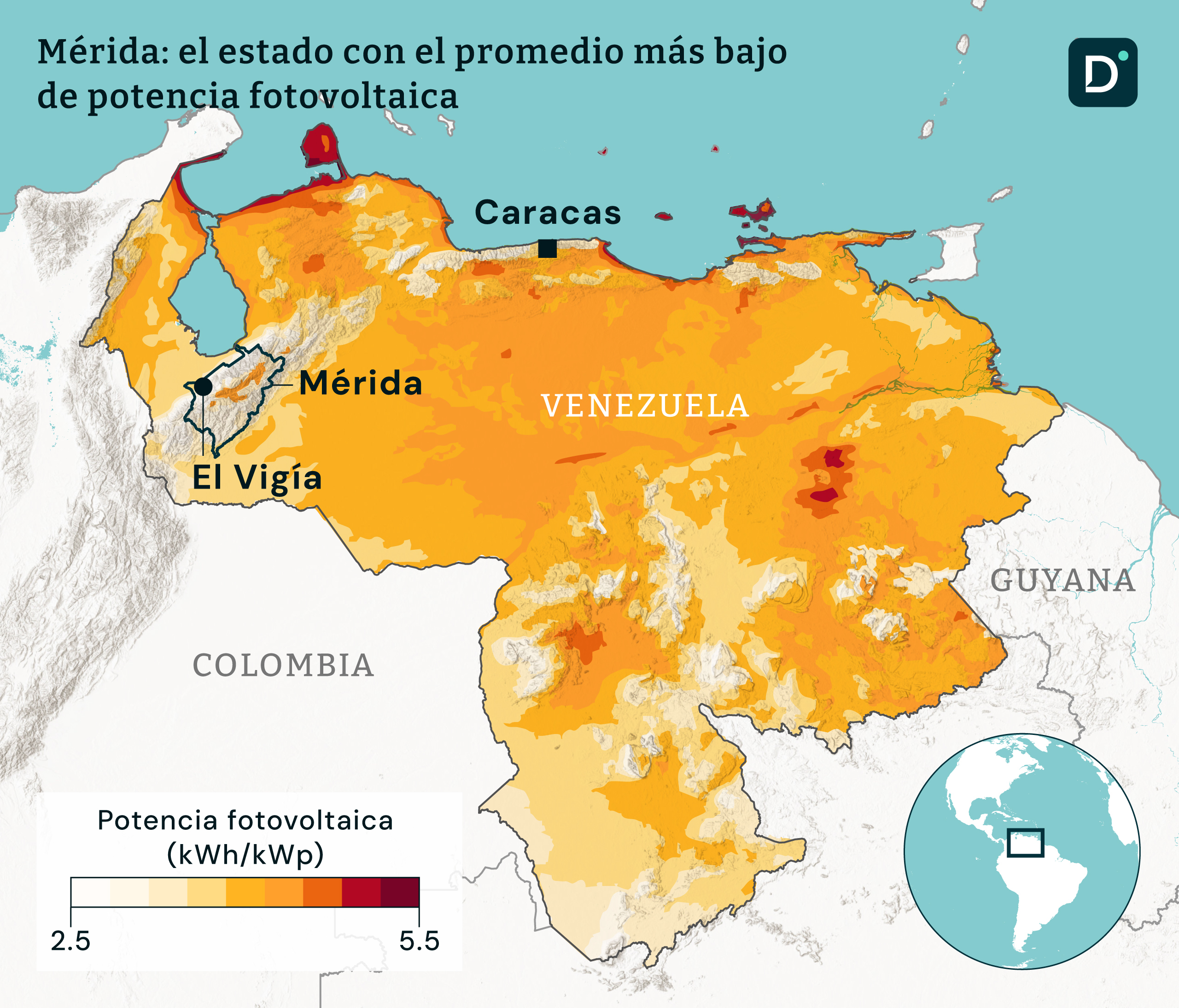 Mapa de Venezuela con su potencial fotovoltaico marcado