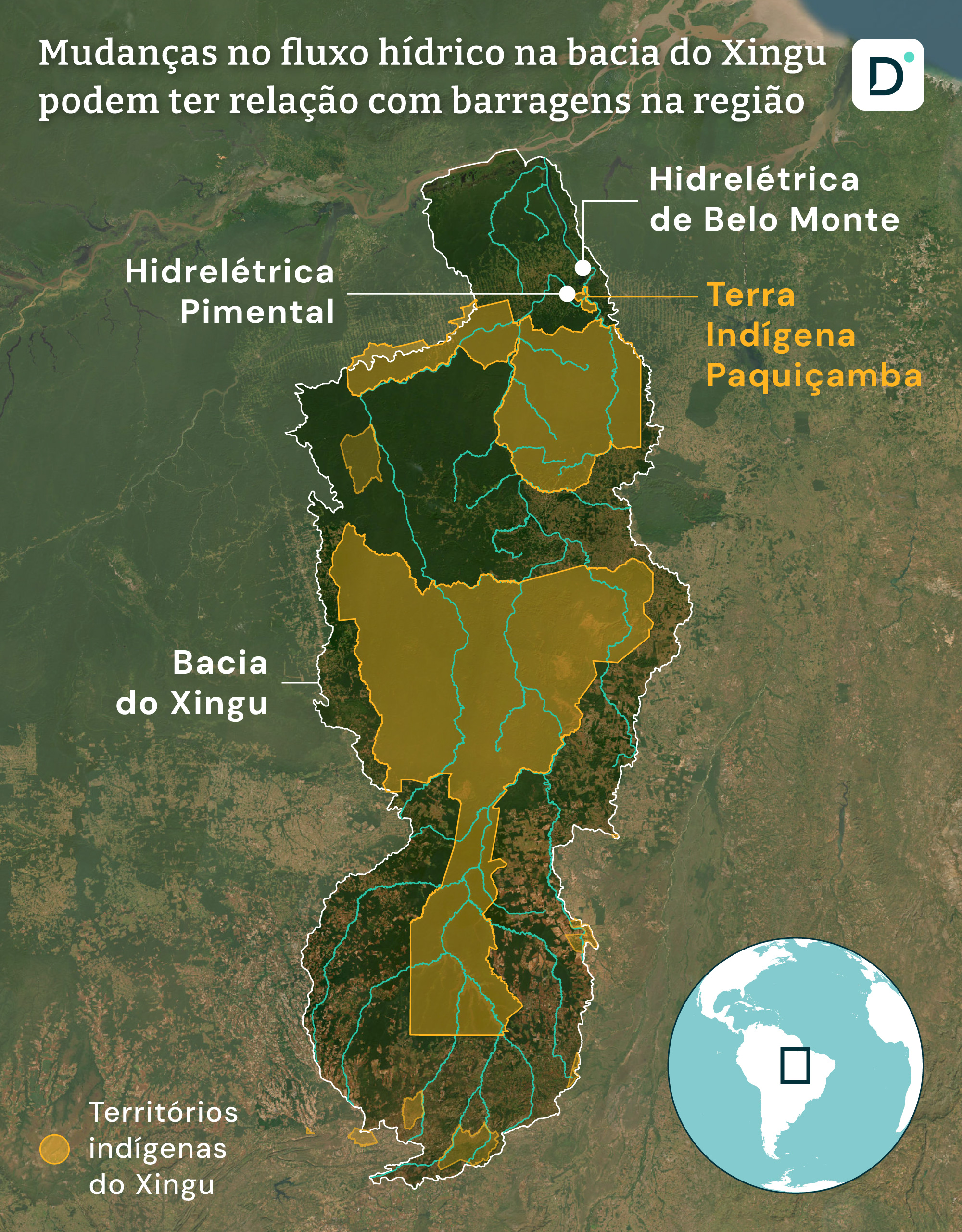 Mapa de terras indígenas no Xingu e usina de Belo Monte