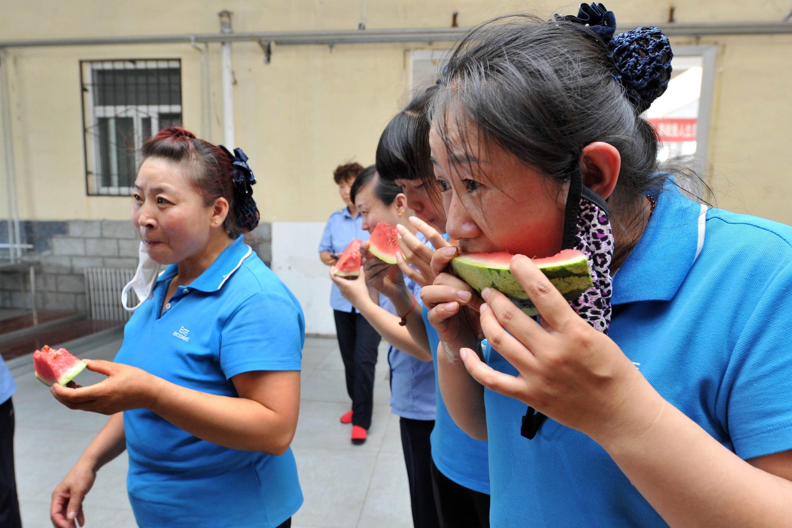 workers snack on watermelon