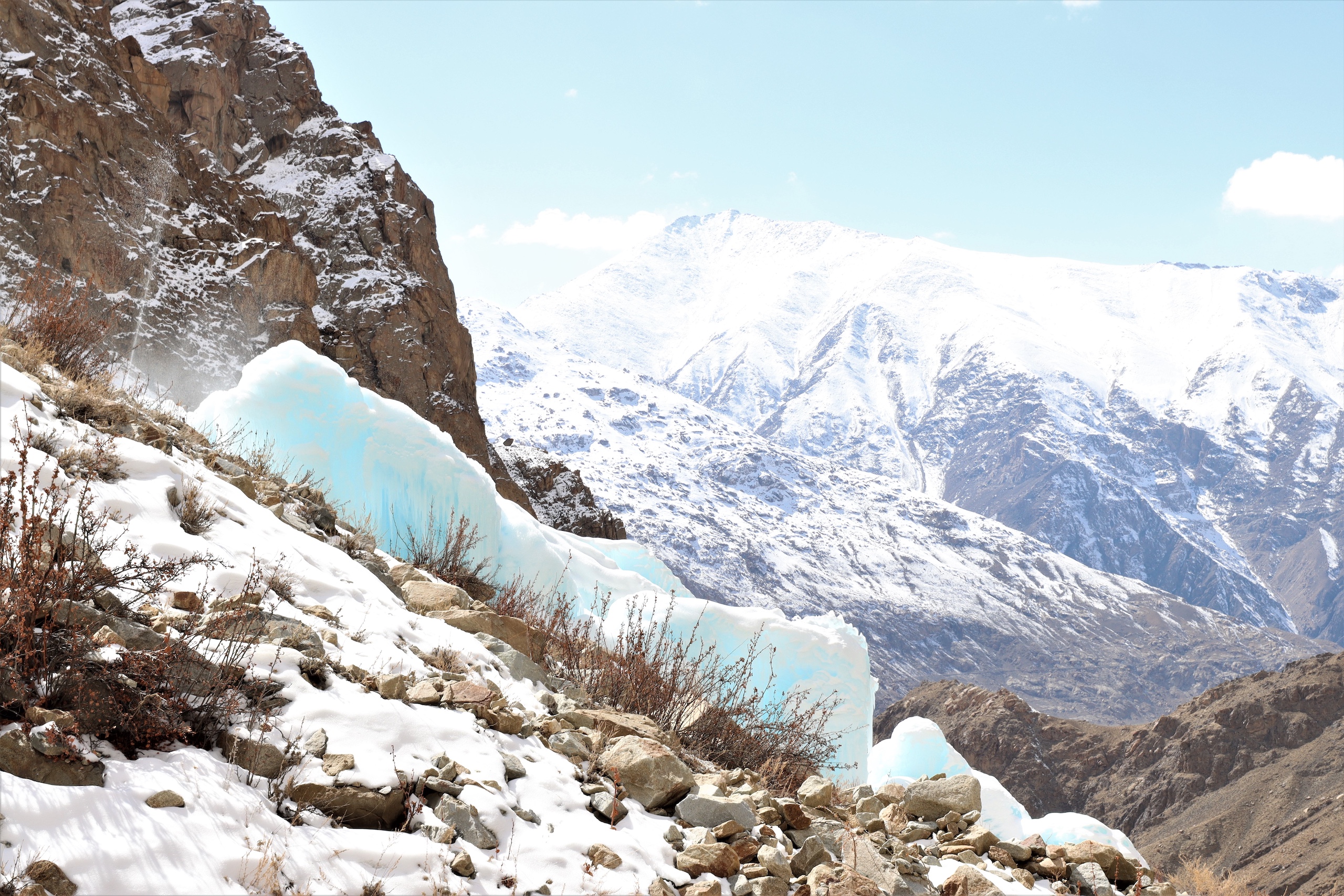 Water fountain sprinkling water for Ice Stupa formation