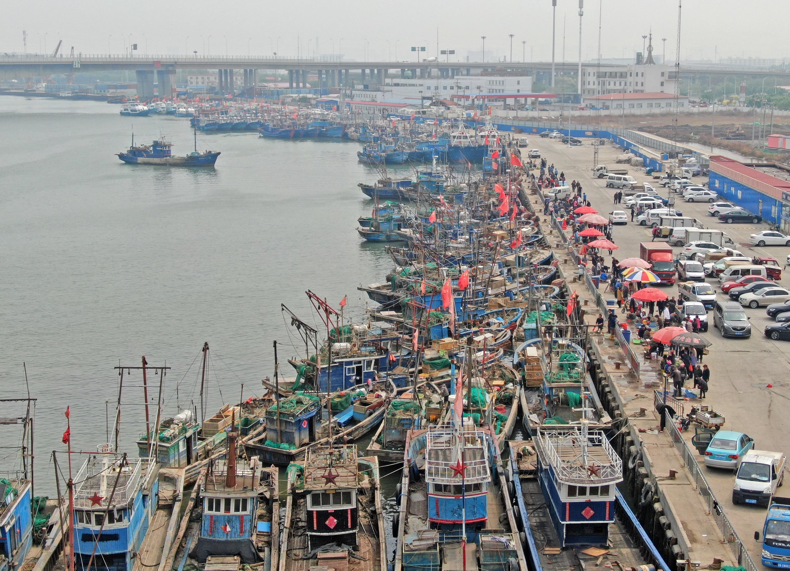Hundreds of fishing boats are docked at a harbour 