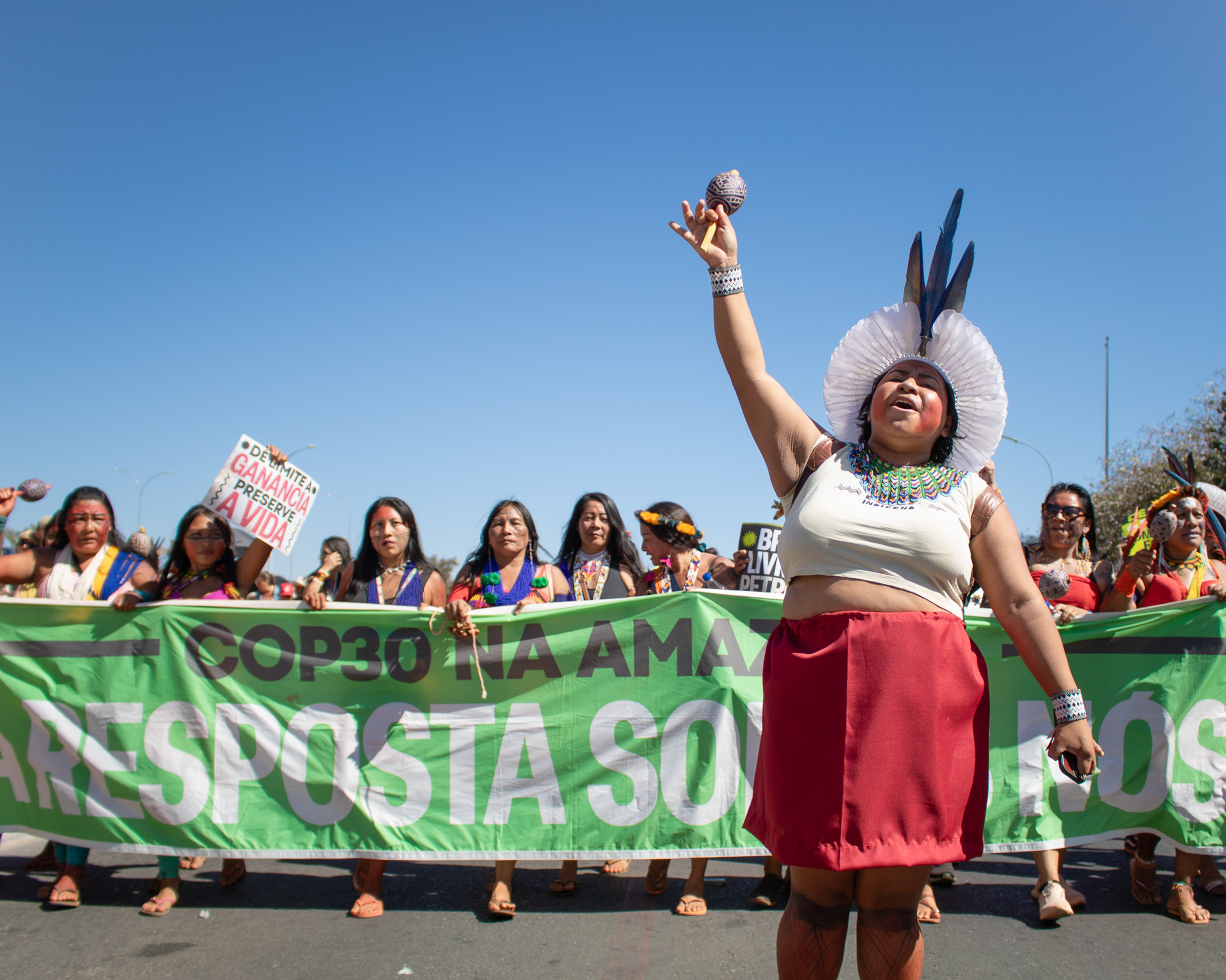 <p>The National March of Indigenous Women in Brasília, Brazil, in early August. Indigenous women are seeking a place at negotiations at COP30, noting their essential role as guardians of biodiversity, their communities and the planet (Image: Amanda Magnani)</p>