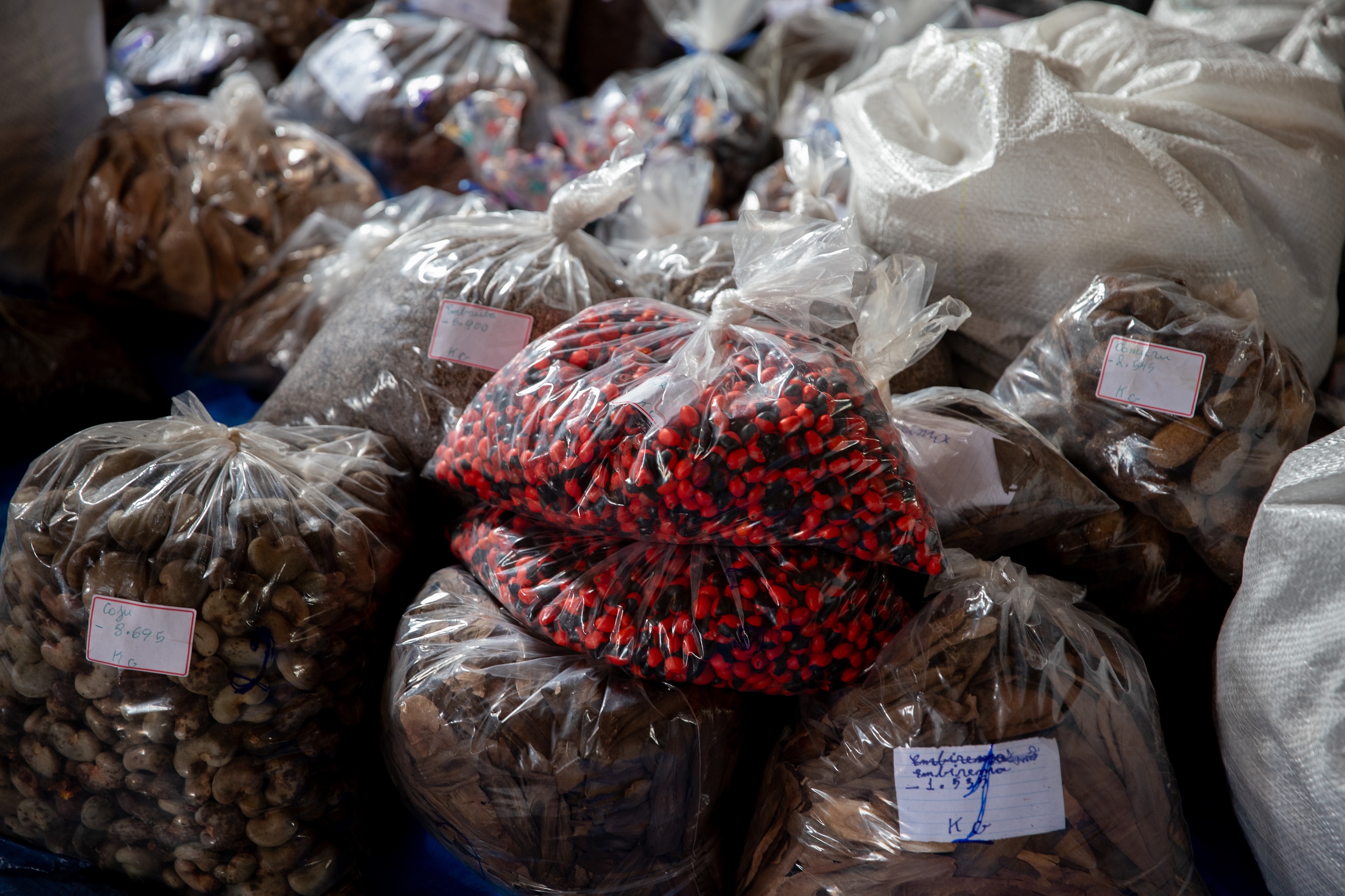 Bags of various nuts arranged together