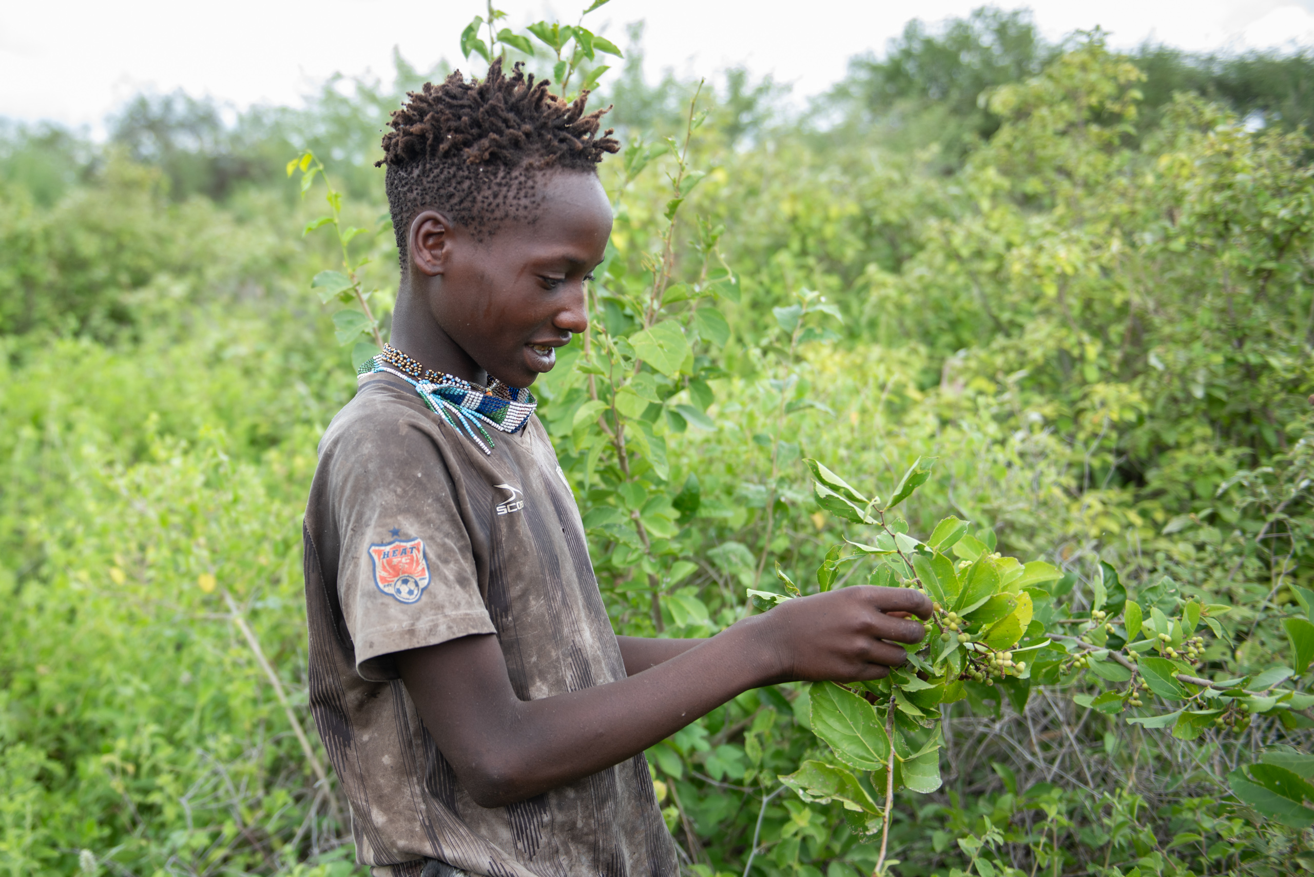 A young man stands amidst green vegetation, holding leafy branches
