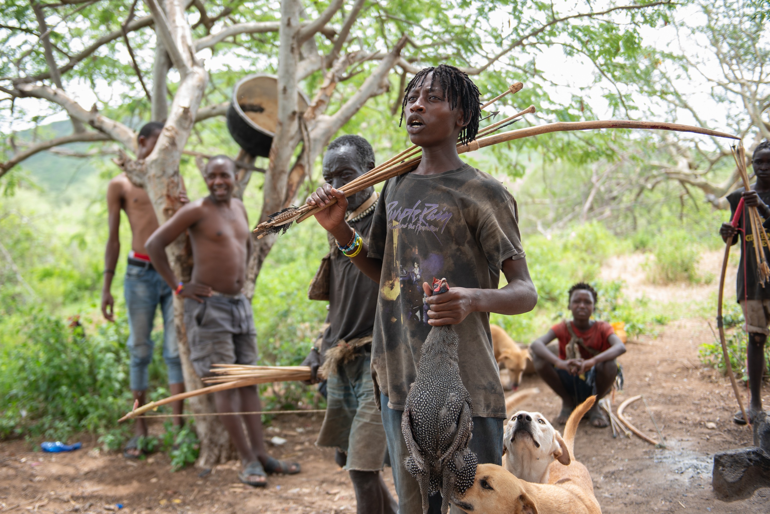 A group of people gather under trees. One person holds a bow, another carries a bird and has dogs by their side