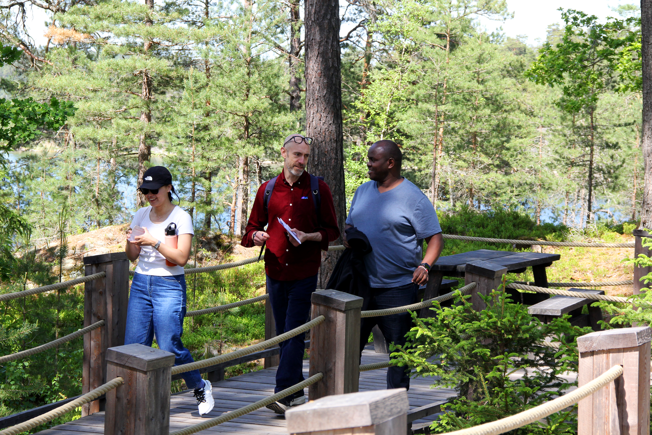 Three individuals walk along a wooden path in a green forest