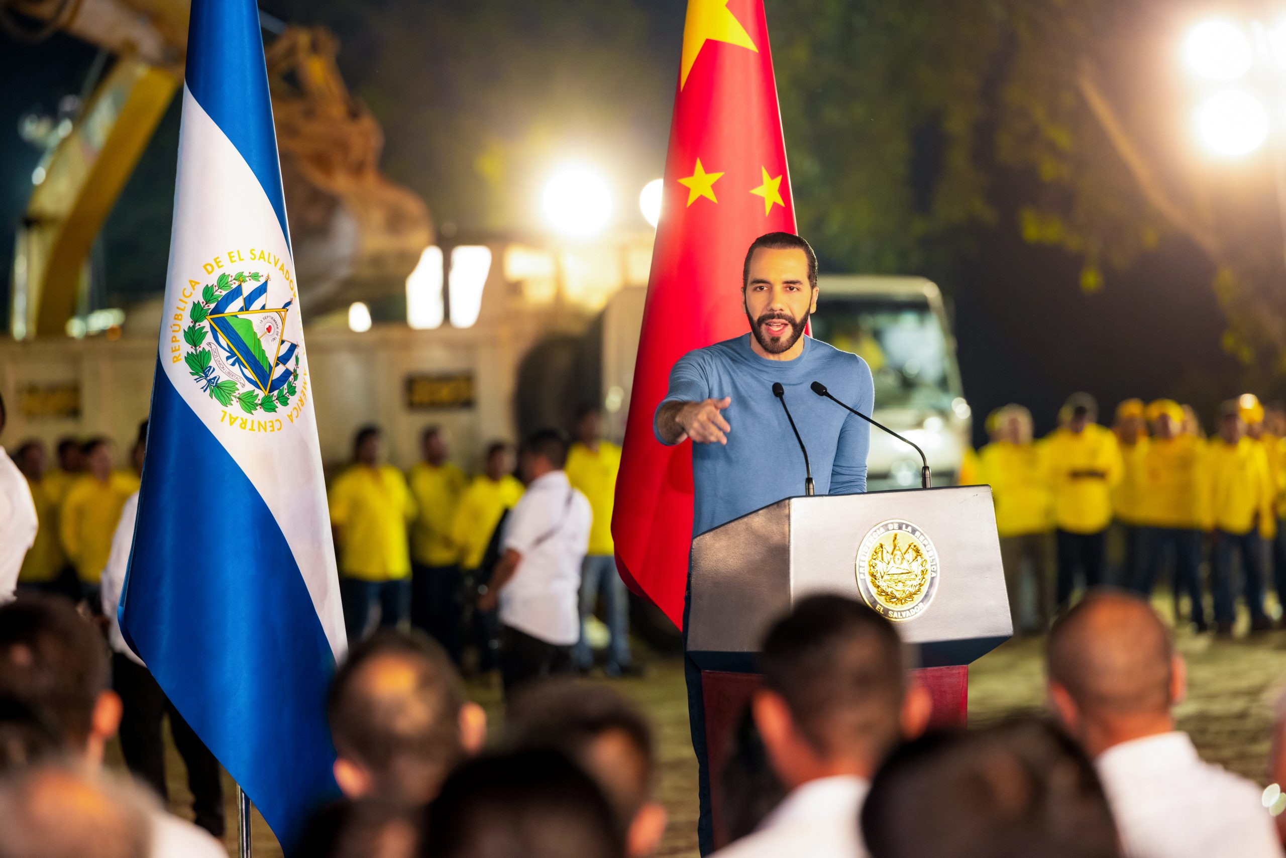 Nayib Bukele, President of El Salvador speaking from behind lectern
