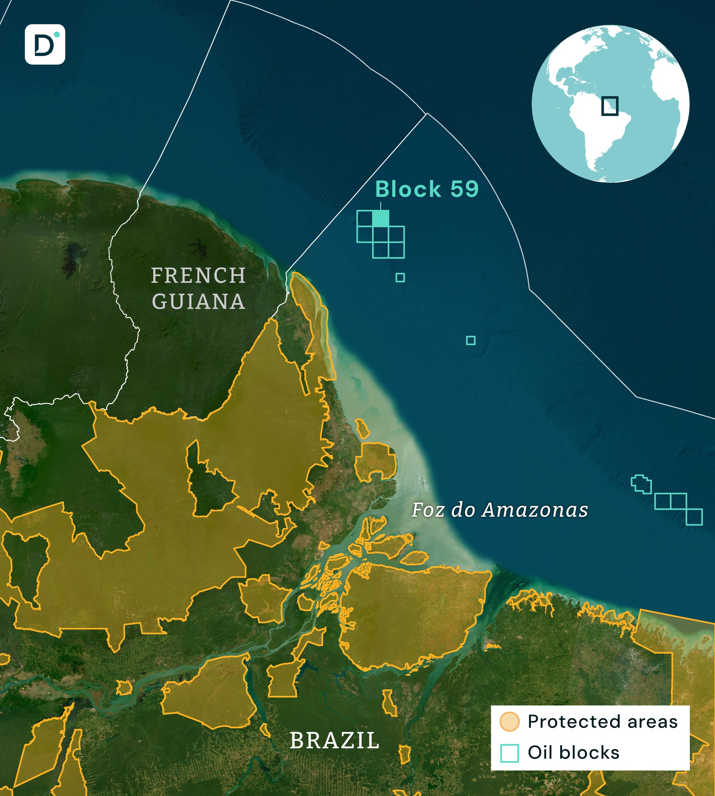 Map showing French Guiana and Brazil's coastline, highlighting oil blocks and protected areas with distinctive colors