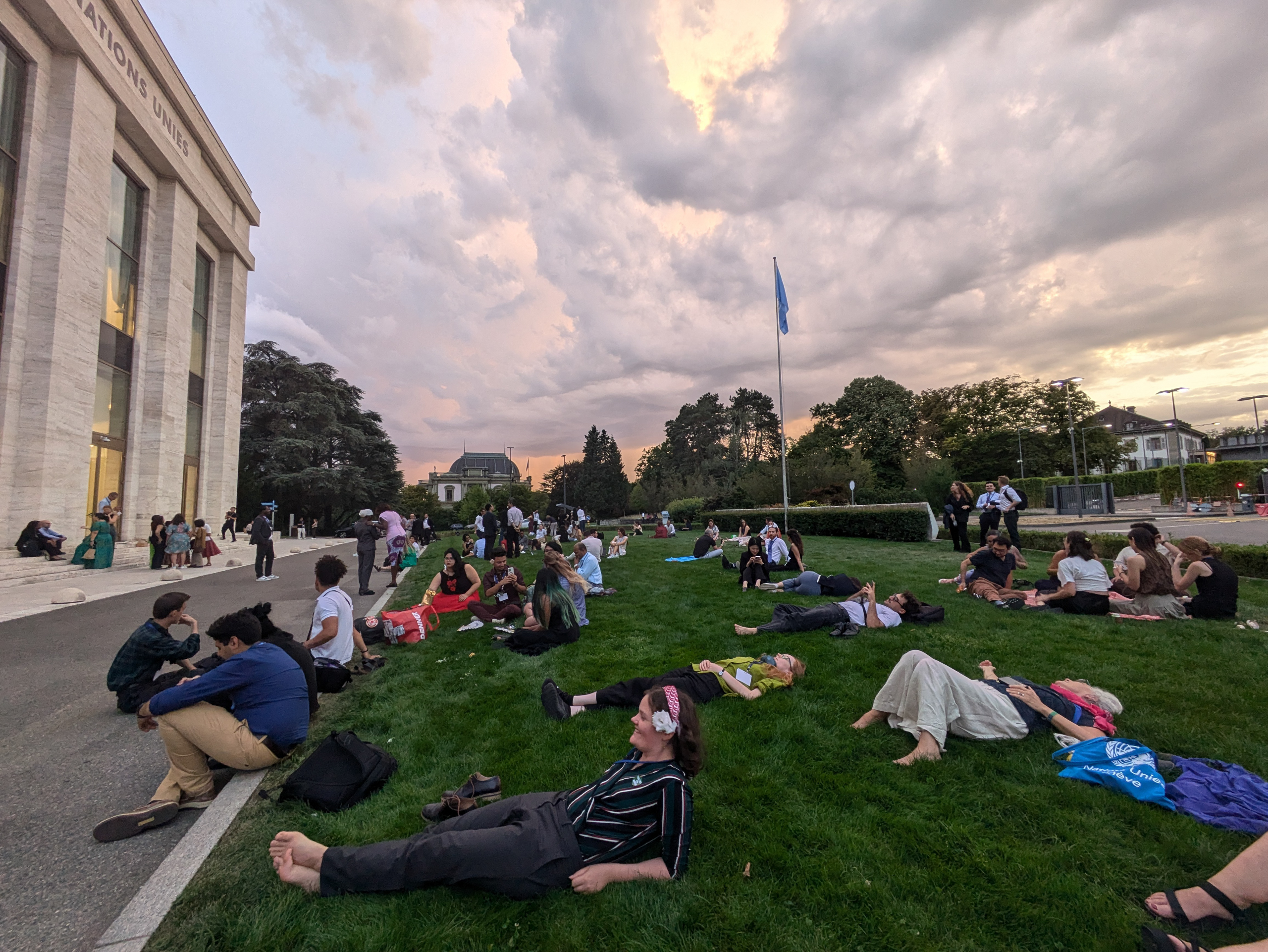 people sitting on a manicured lawn 