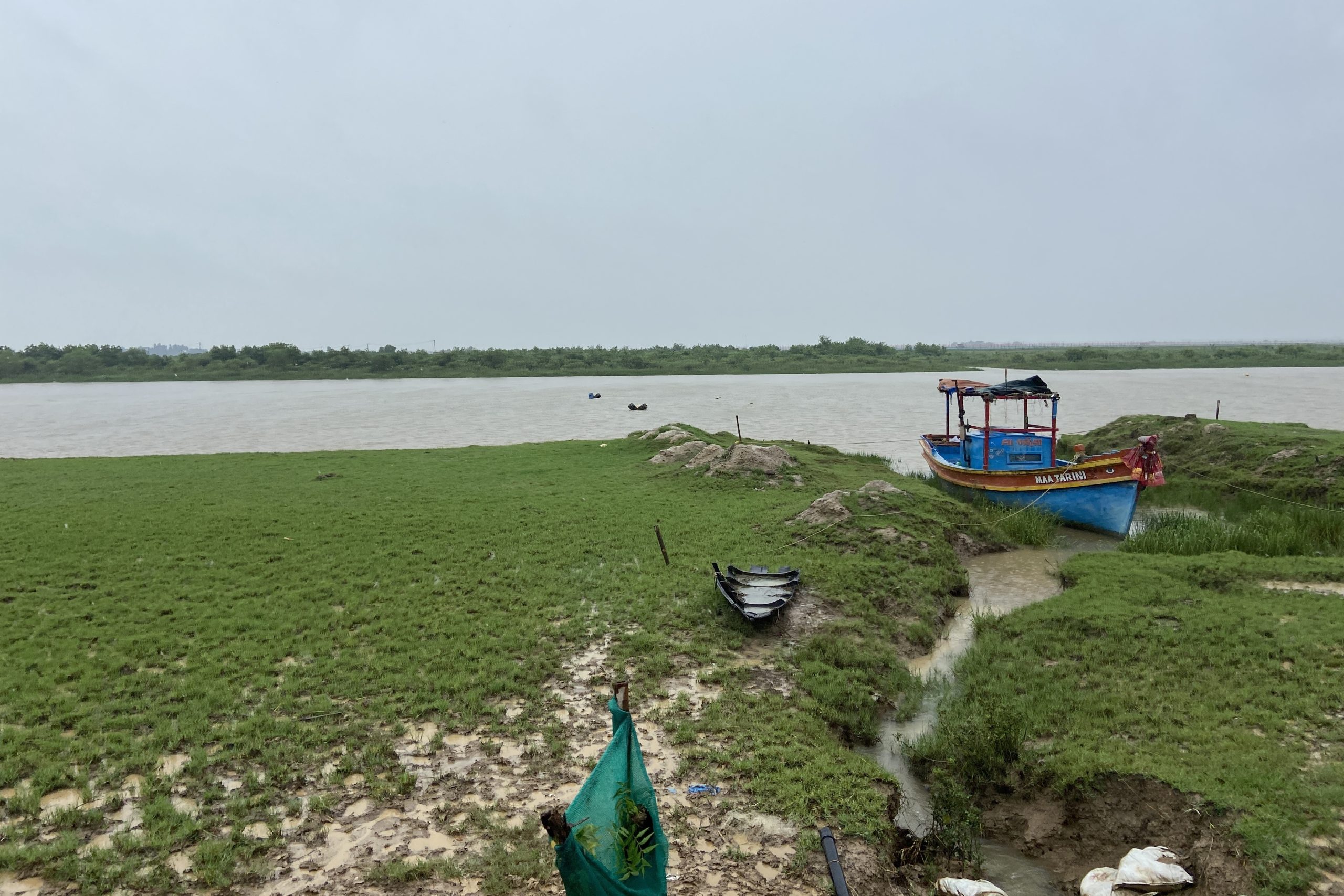 small boat on grassy bank