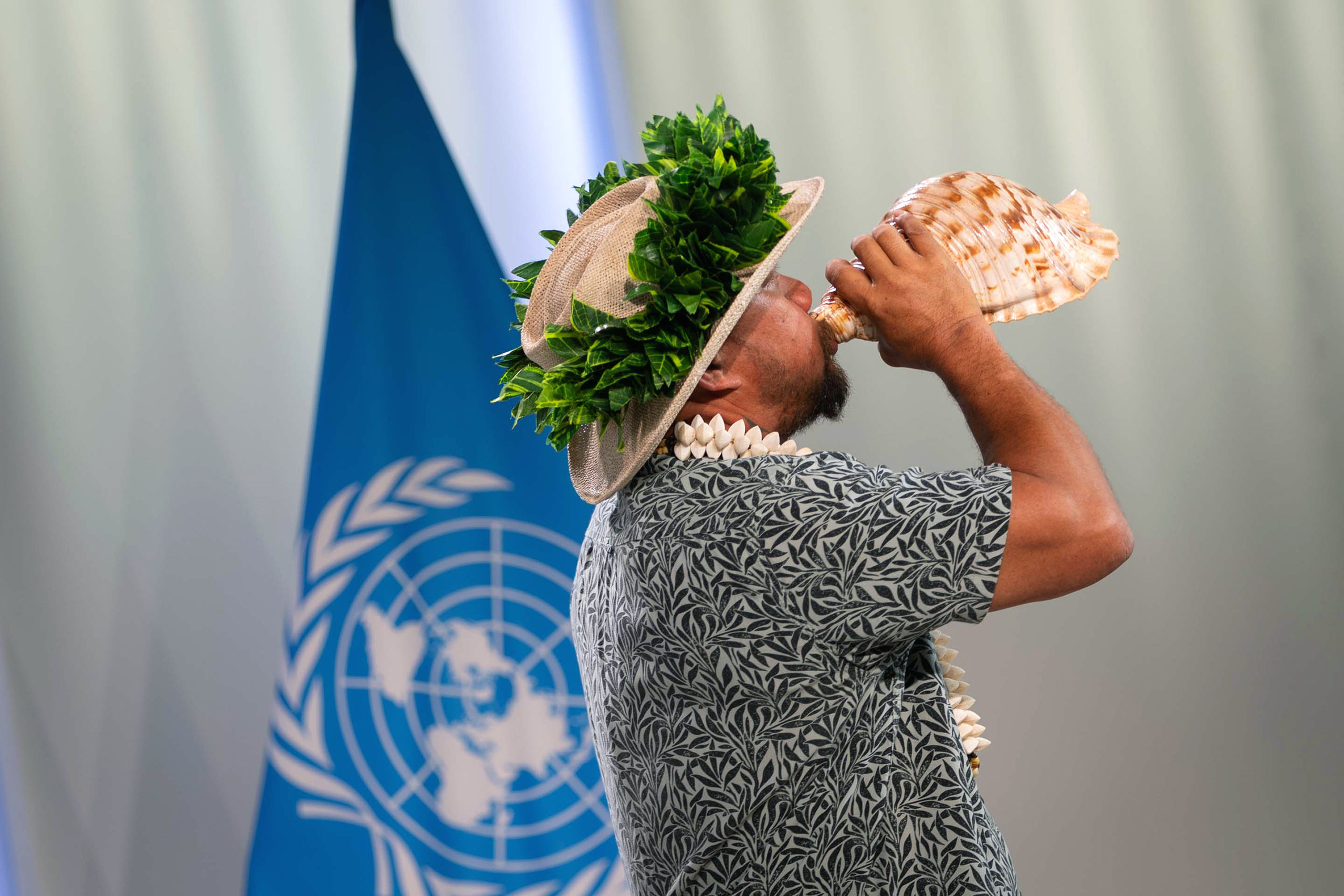 <p>A traditional Polynesian ‘call of the conch’ using a pū opened the UN Ocean Conference of 2025. Indigenous people and local communities are still not participating in important ocean decisions, experts warn (Image: Kiara Worth / IISD-ENB)</p>