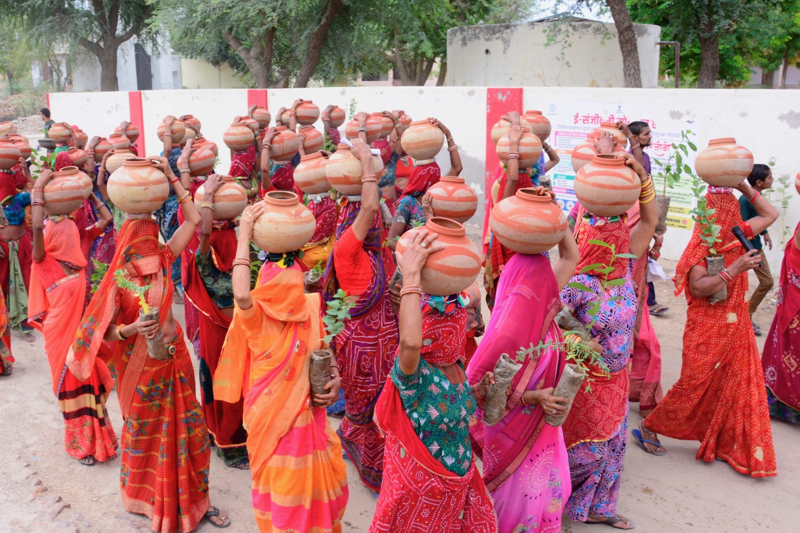 A group of women in vibrant, traditional Indian attire carry clay pots and small plants on their heads, participating in a cultural procession