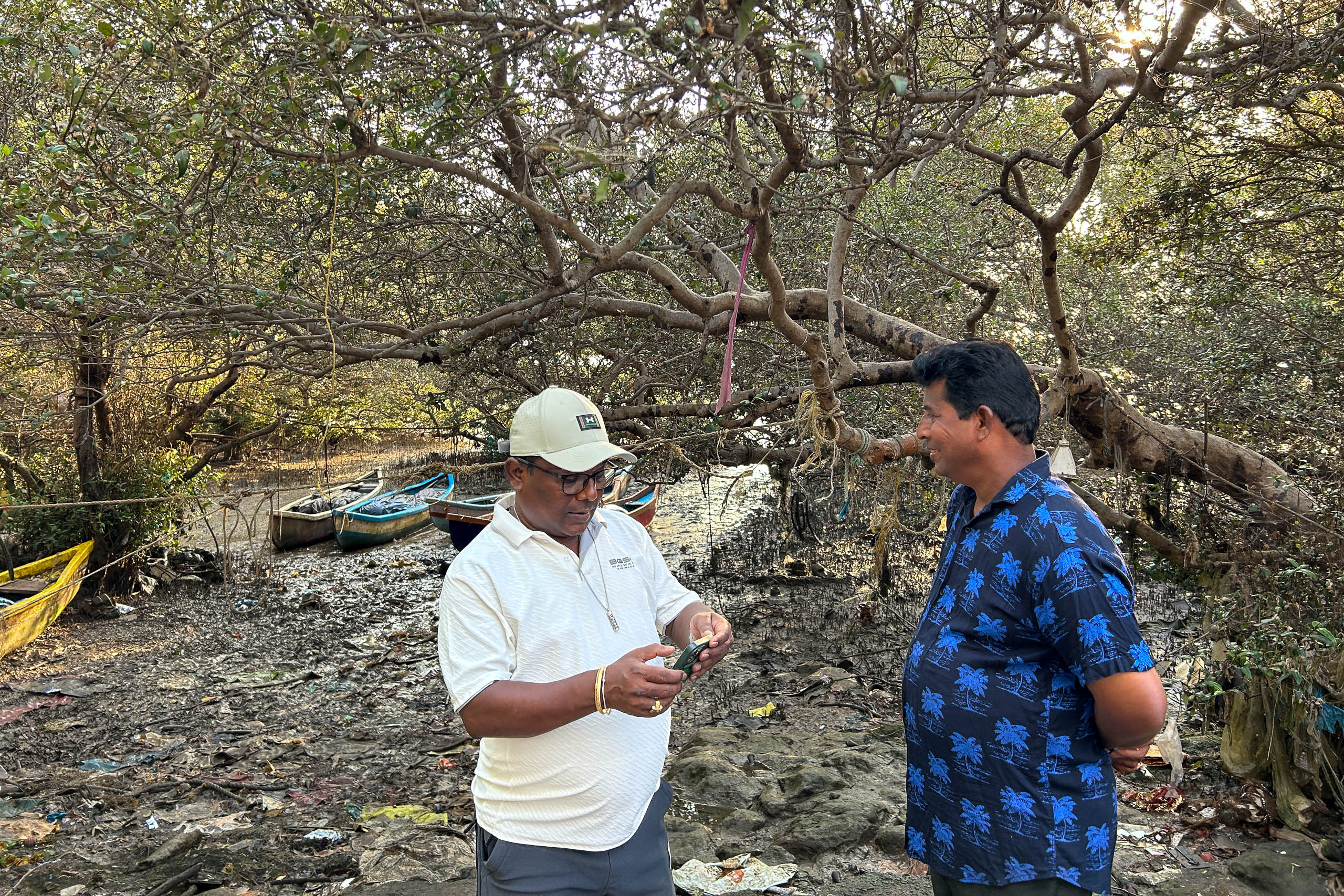 two men standing in mangrove
