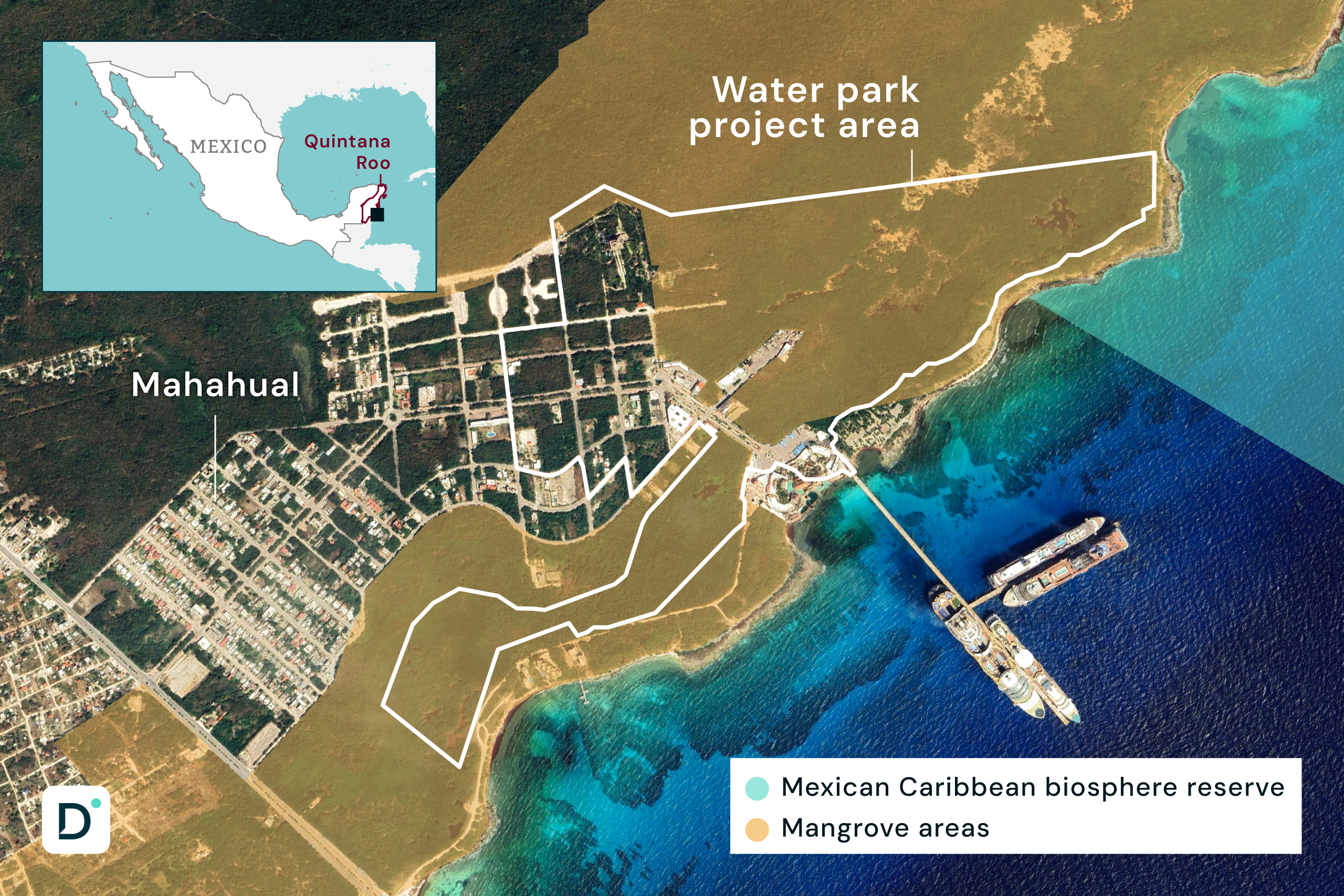 satellite view of Mahahual with the water park project area