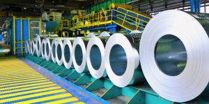 Rolls of steel sheet in a workshop