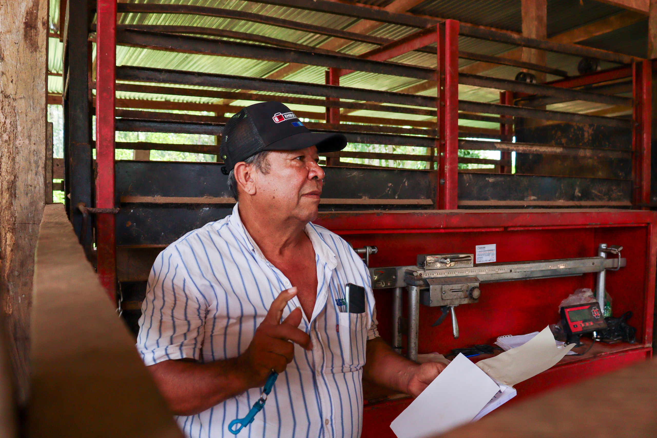 A man stands in front of a red barn with a cattle weighbridge in the background