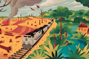 illustration of train running between green forrst and fire