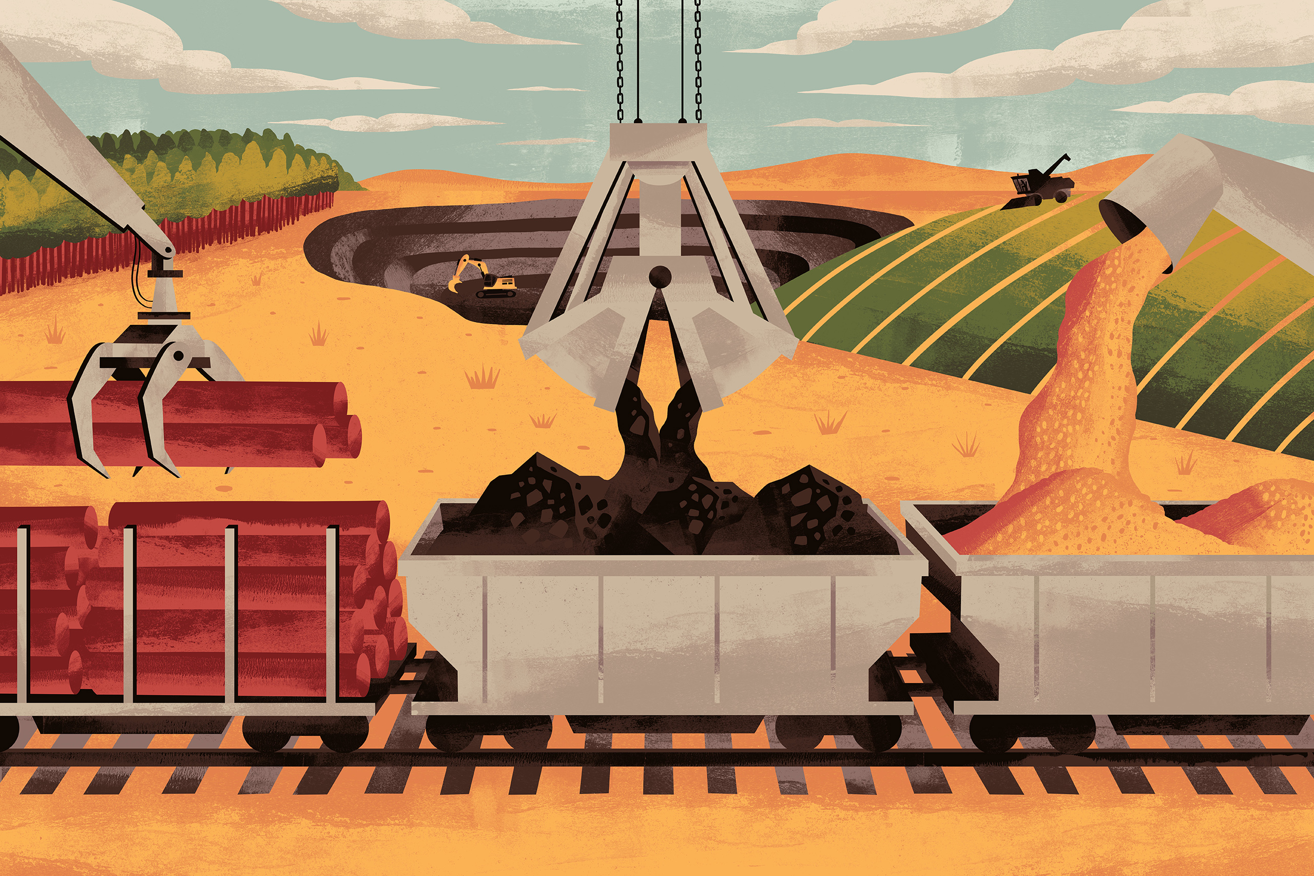 <p>A proposed railway link from Brazil’s Atlantic coast to Peru’s Pacific would cut shipping times to Asia by up to 10 days. This ‘strategic route’ would transport agricultural and mining goods such as iron ore, soybeans, wood pulp, meat and cotton (Illustration: <a href="https://rafaelnobre.com/">Rafael Nobre</a> / Dialogue Earth)</p>