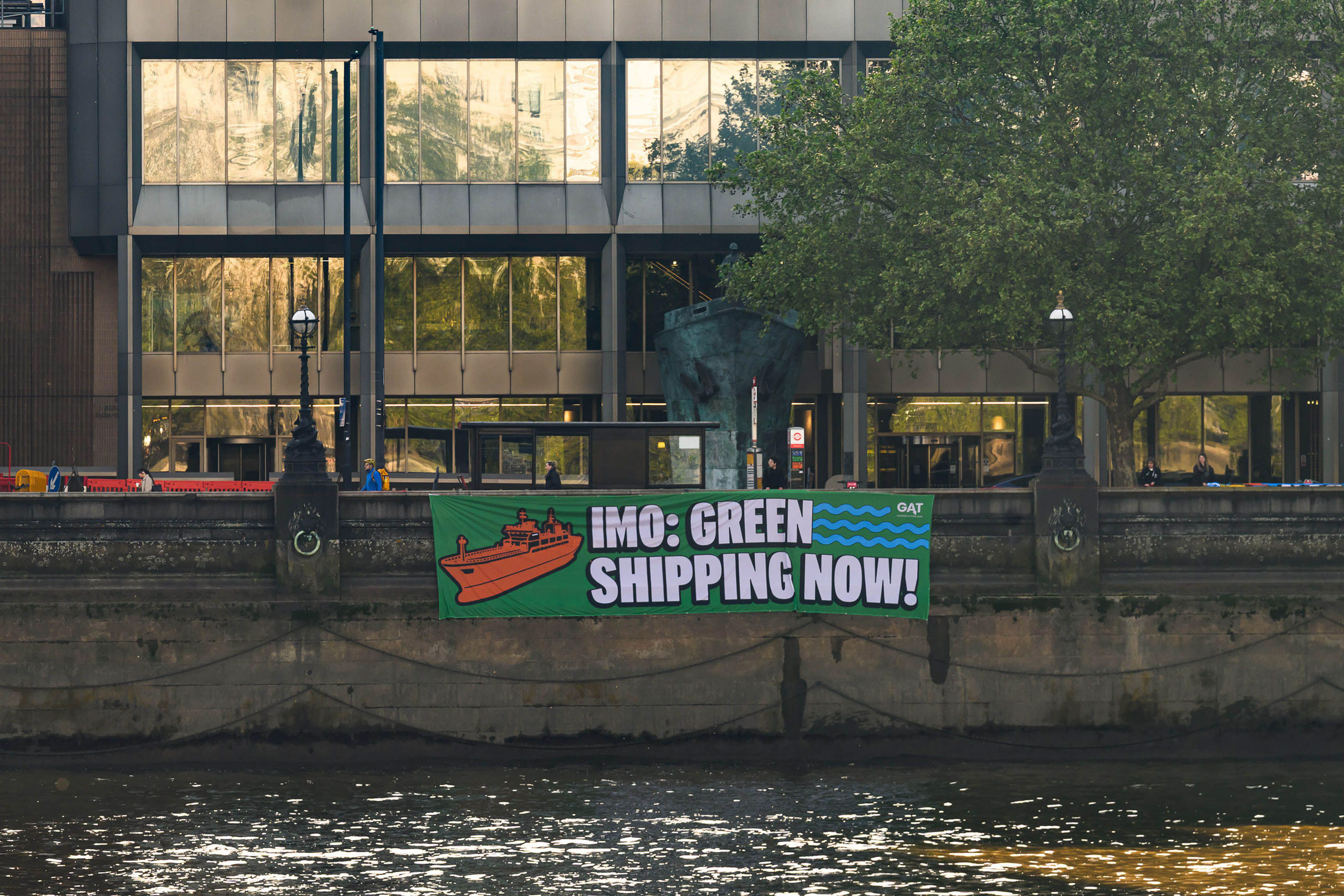 'green shipping now' banner on floodwall