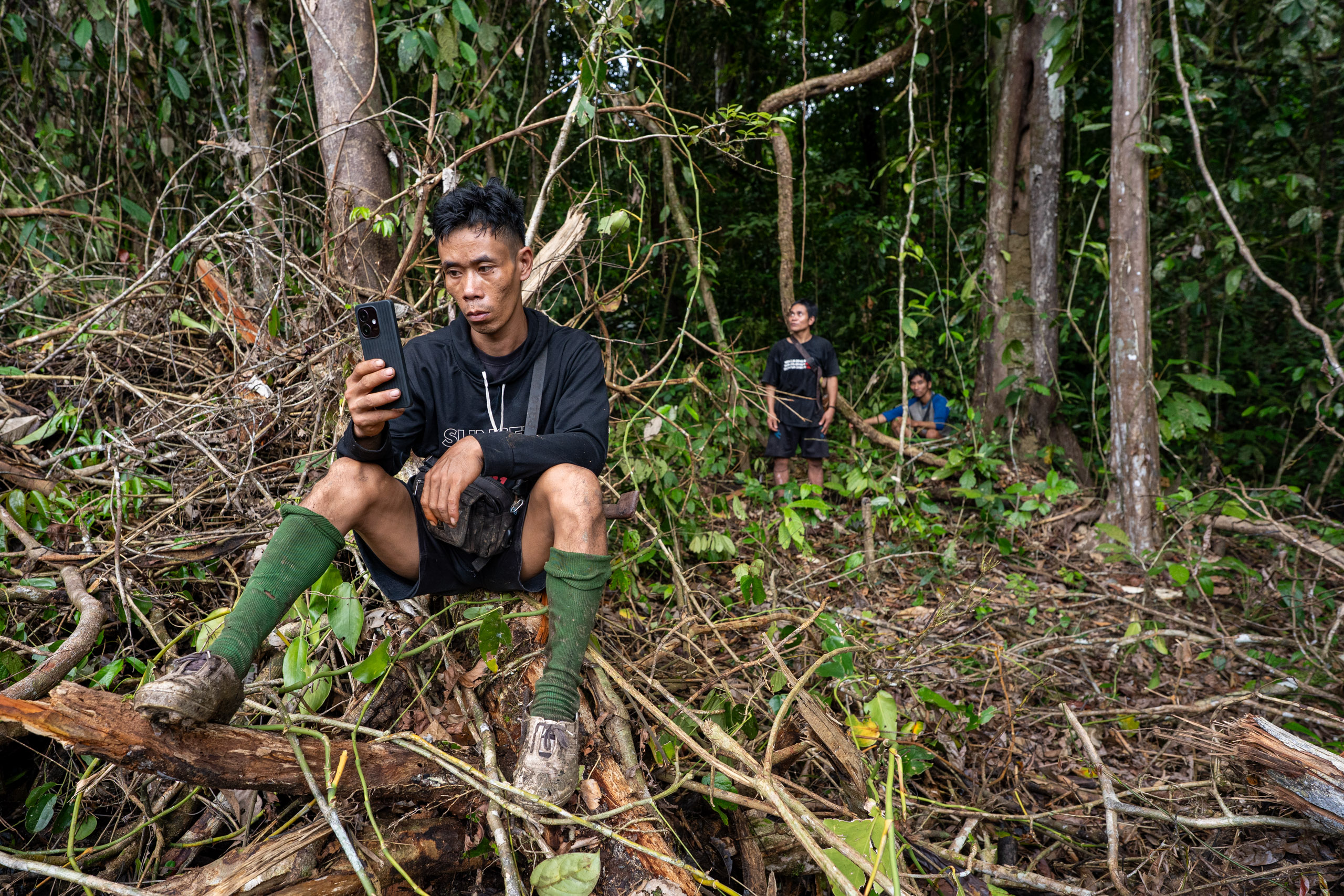 A man uses his phone to take photos, surrounding by trees in a forest area

