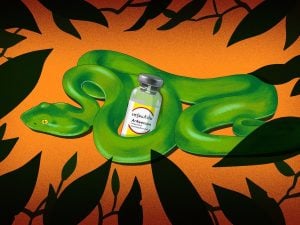 Illustration of a snake and a bottle of venoms