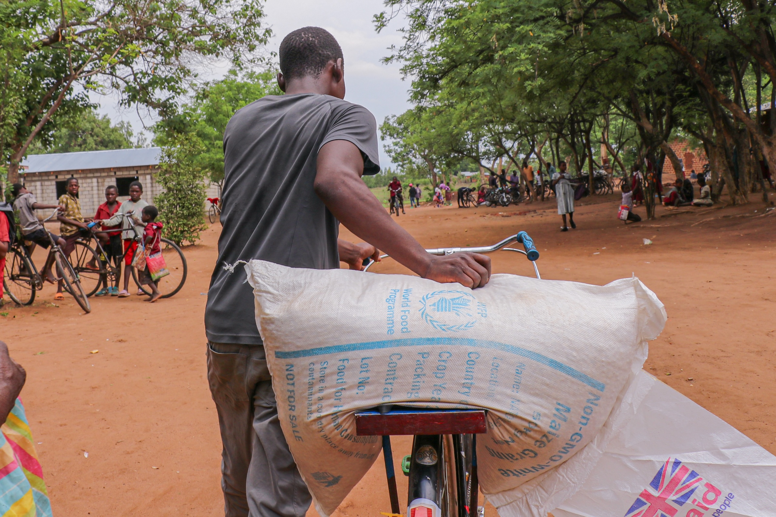 <p>A villager pushes home a bag of maize distributed by the World Food Programme in Phalombe. Here in southern Malawi, recurrent droughts, floods and crop failures have undermined food security and livelihoods (Image: Jack McBrams)</p>