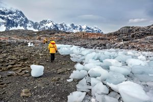 People wearing yellow jackets in a mountainous, icy area