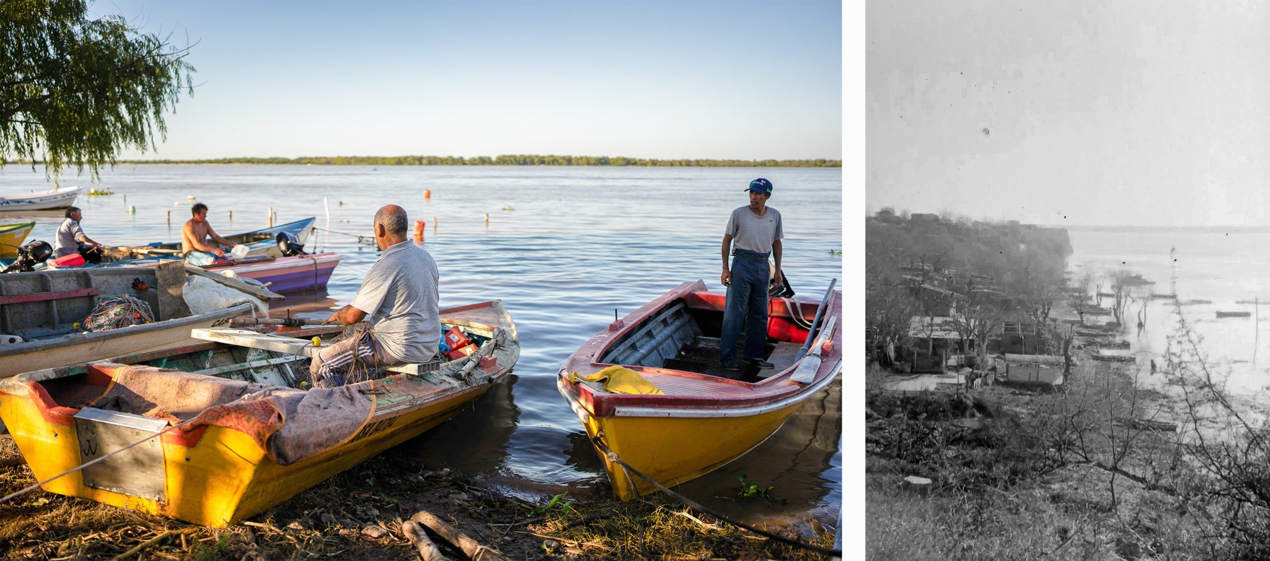 Men sitting and standing on boats by a lake