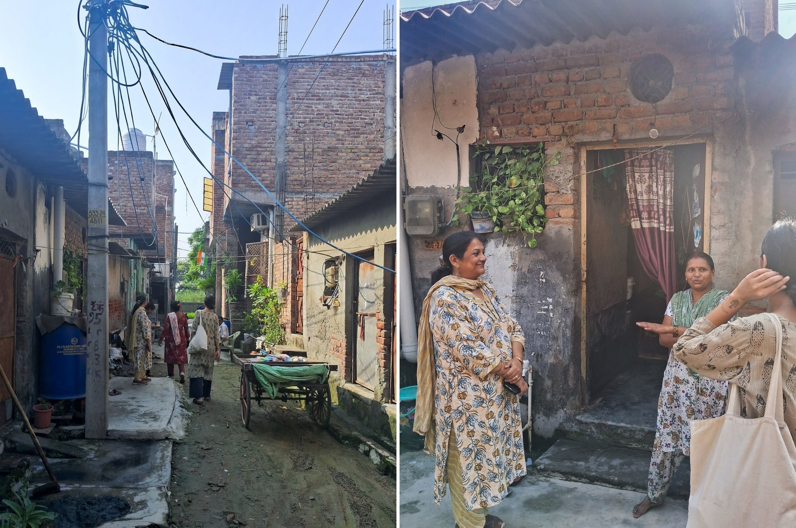 Three women stand in front of a house and have a chat