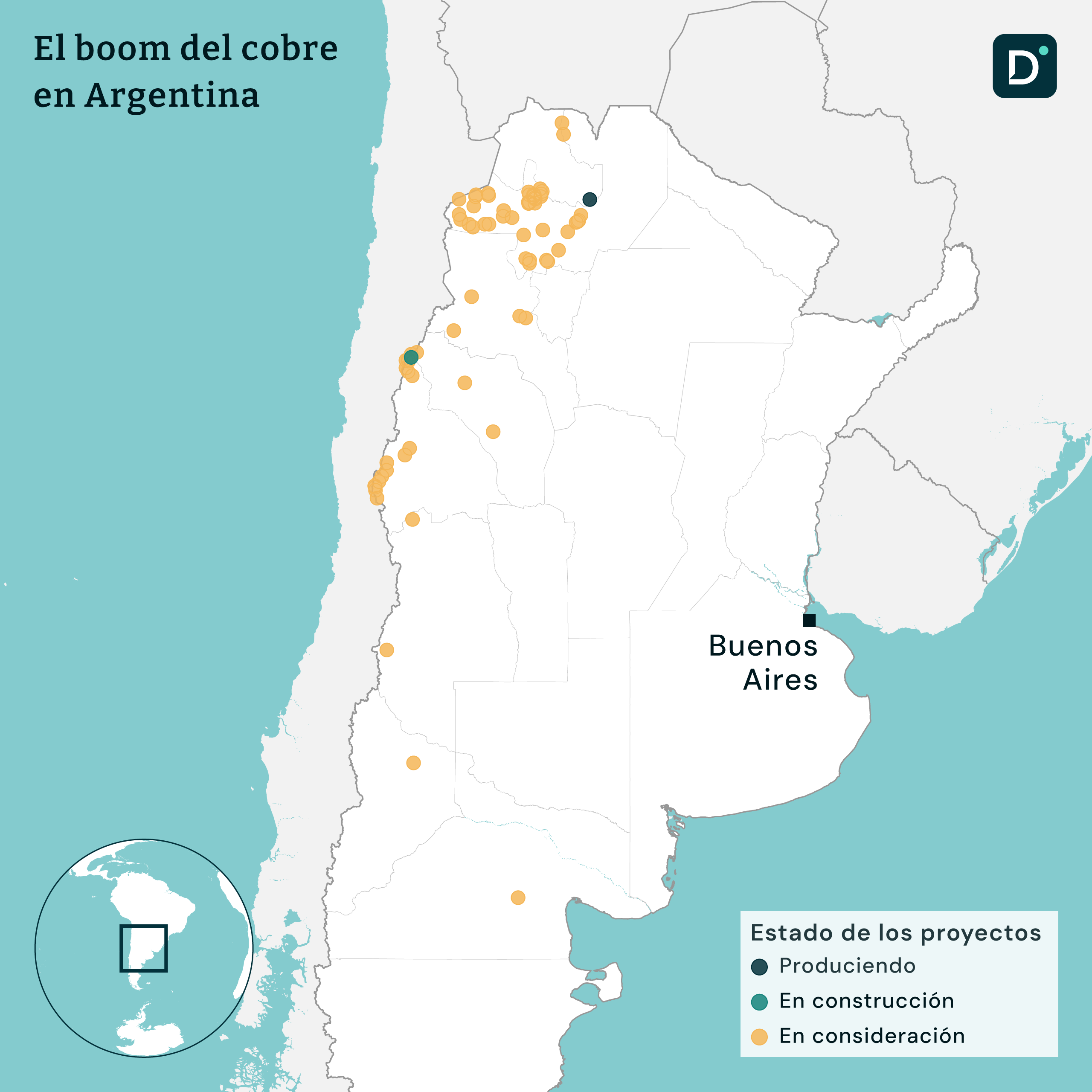 mapa de Argentina con los proyectos de minería de cobre marcados