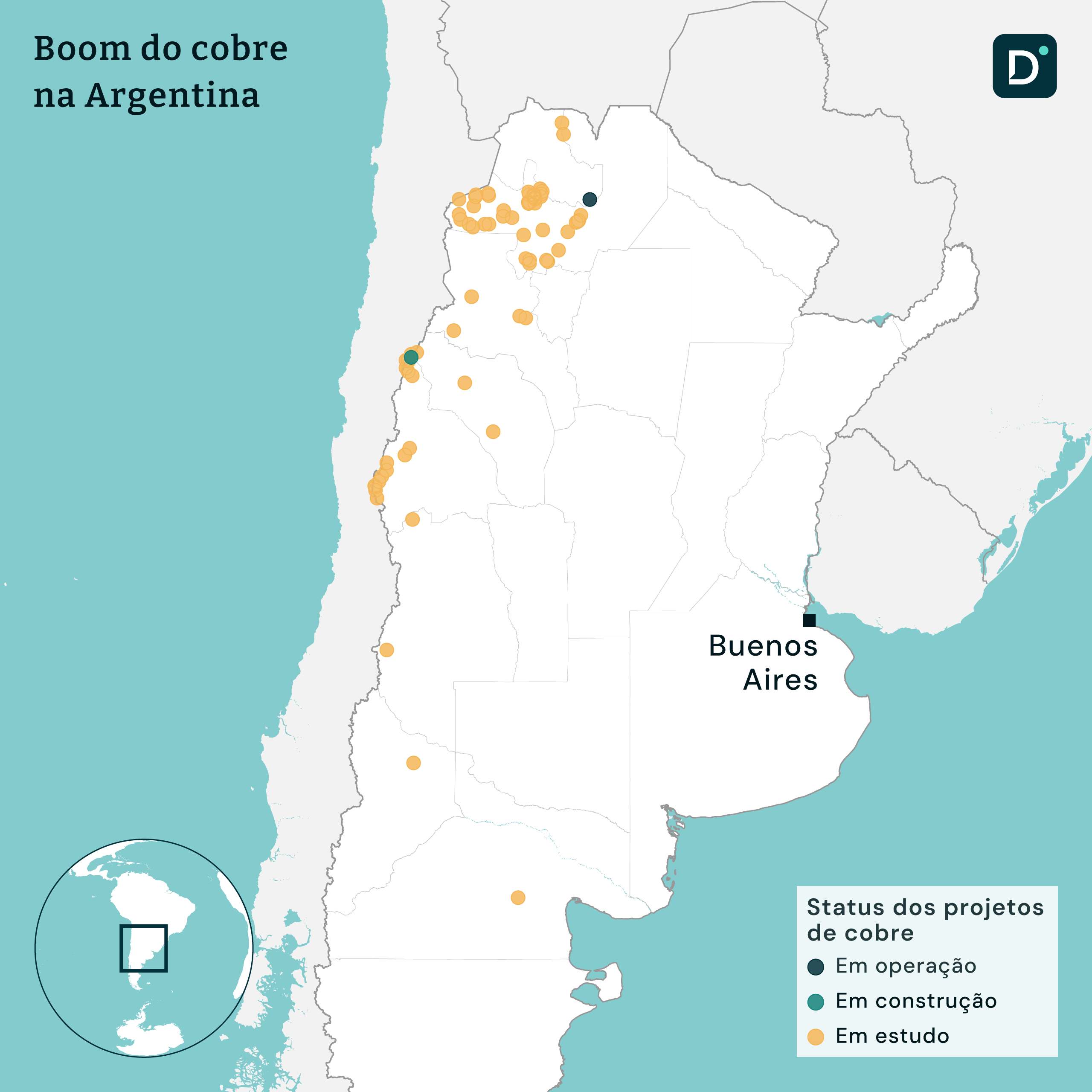 Mapa de projetos de cobre na Argentina