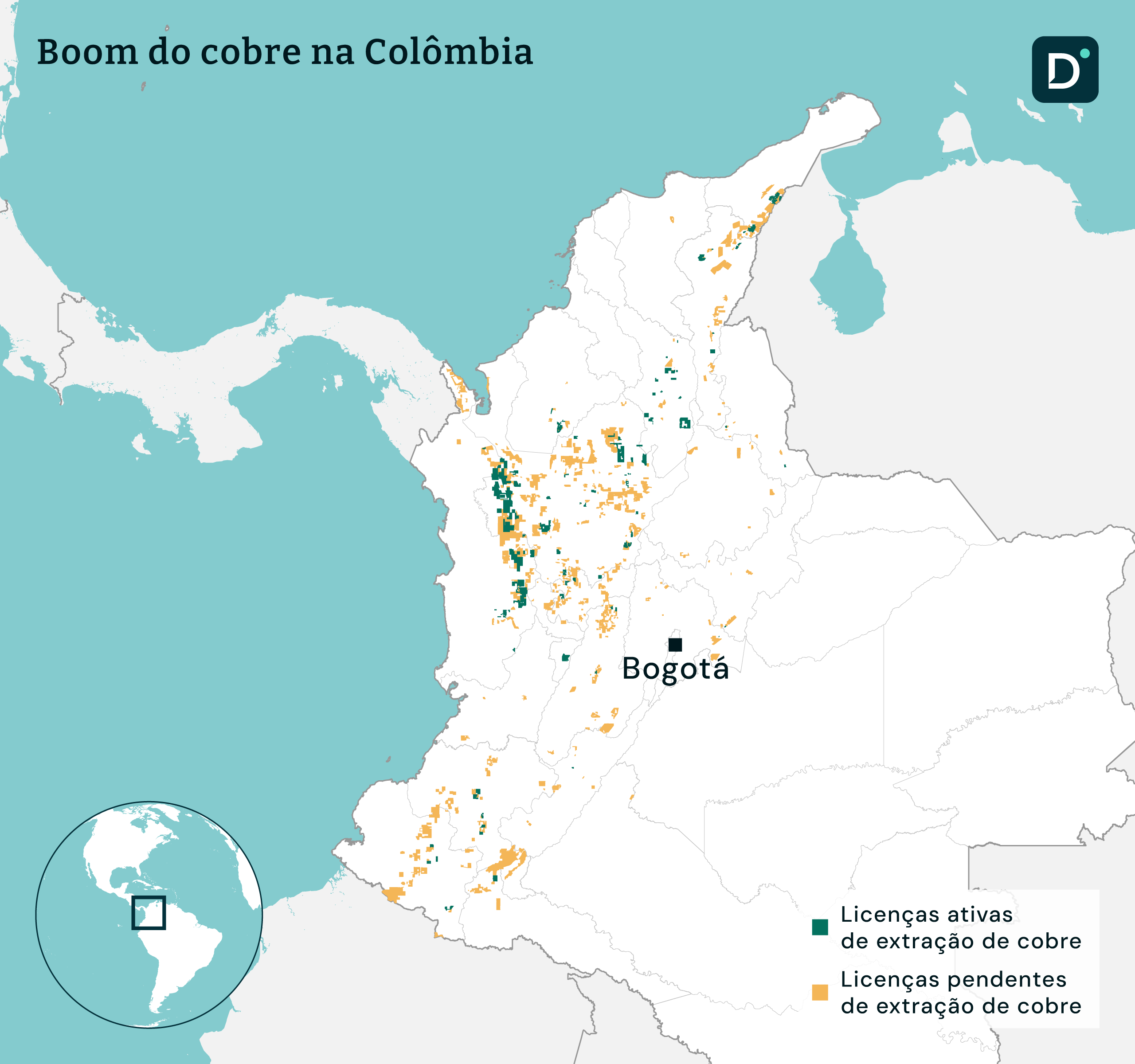 Mapa de projetos de cobre na Colômbia