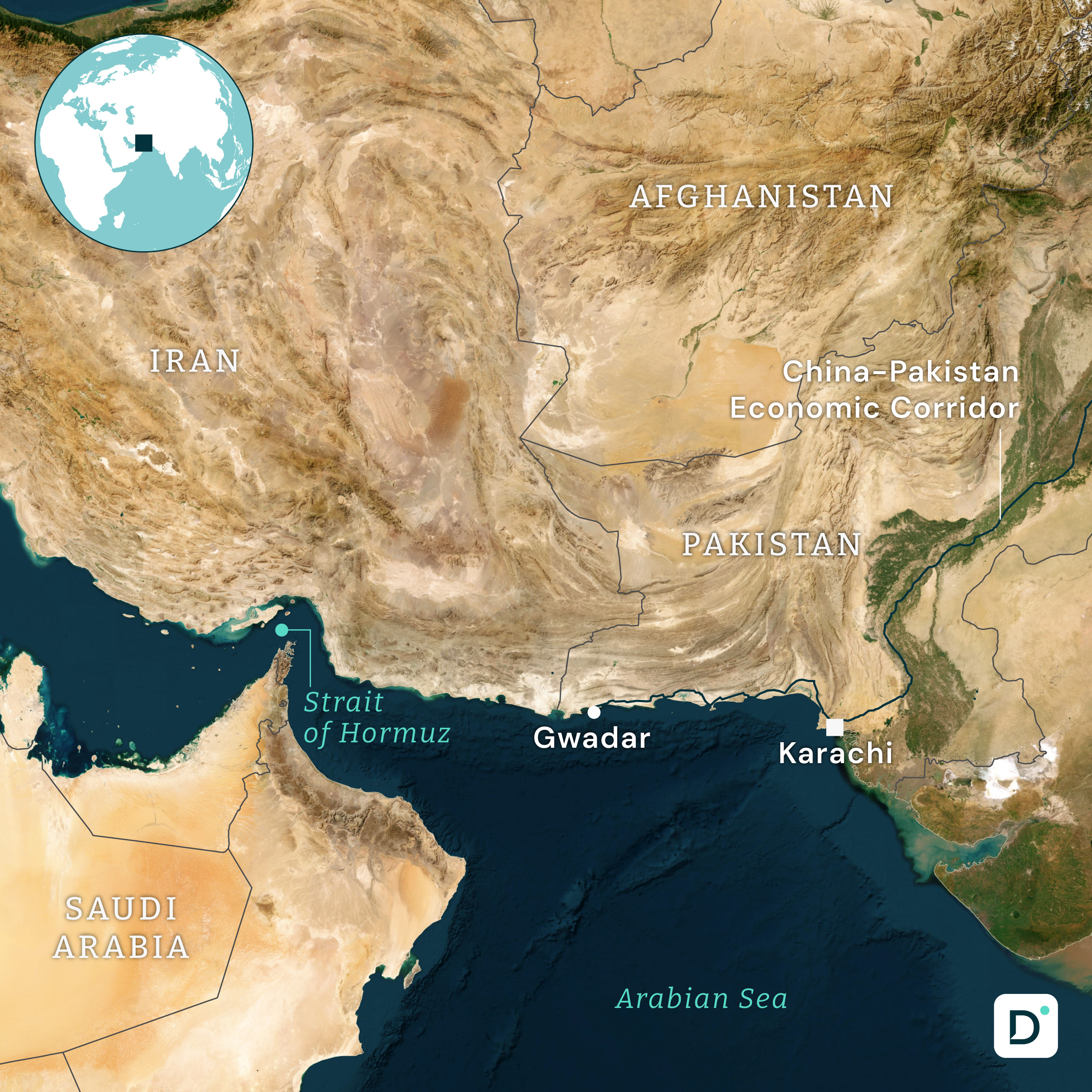 Map highlighting Strait of Hormuz, Gwadar port  and China-Pakistan Economic Corridor 
