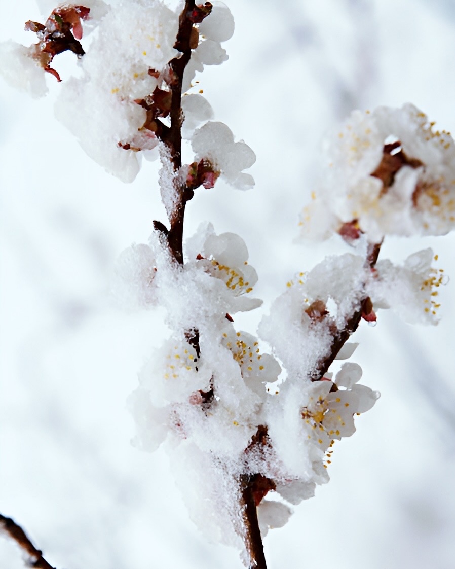 Snow on apricot blossoms