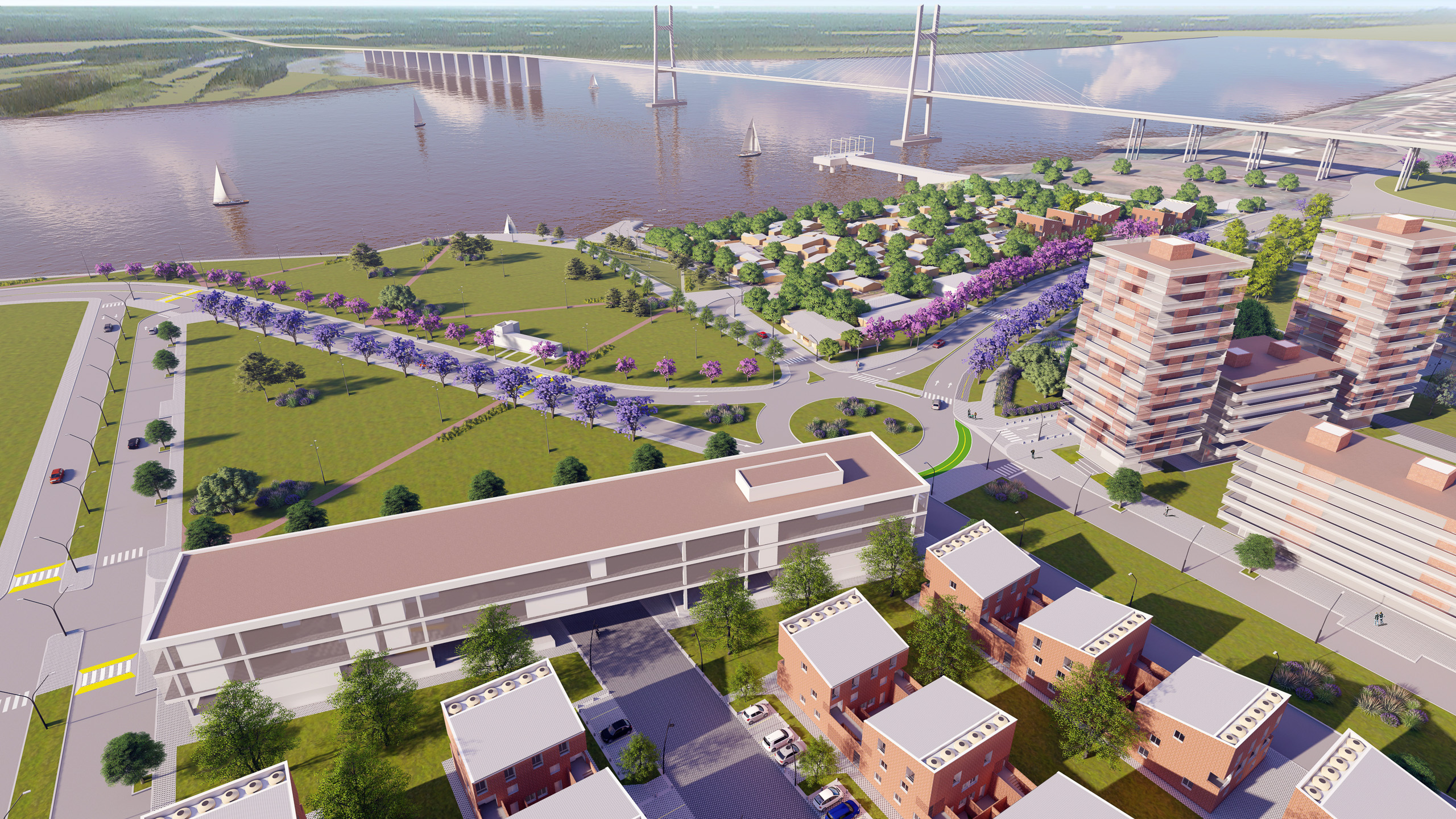 A 3D rendering of a modern cityscape with a large bridge over a body of water