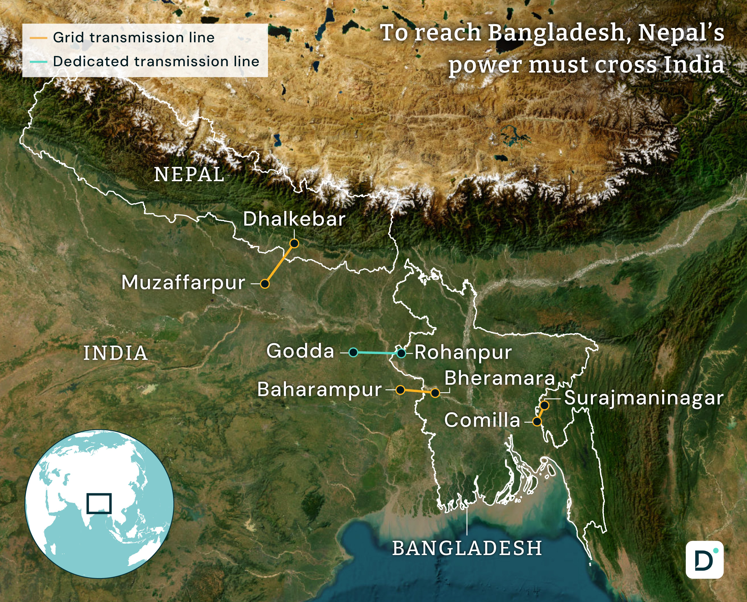 Map shows grid transmission line between Nepal, India and Bangladesh