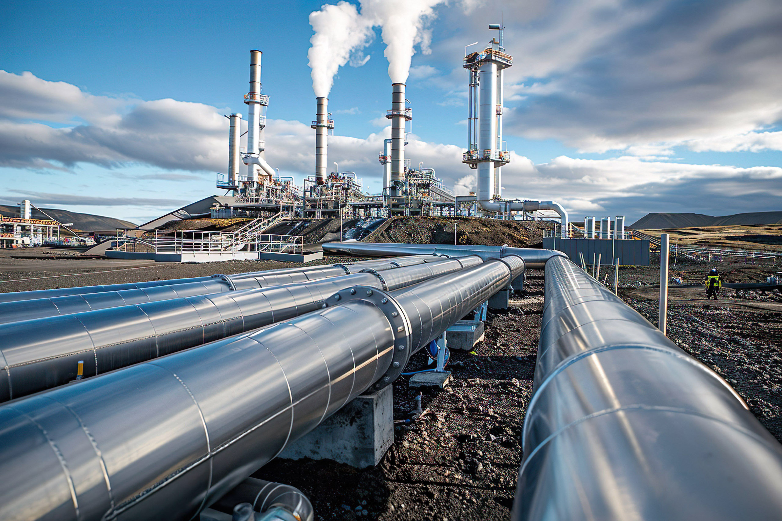 large metal tubes and smokestacks