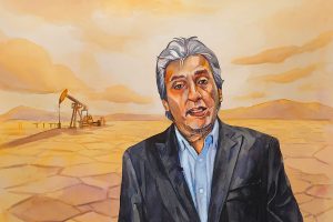 A watercolor painting of a middle-aged man in a suit standing before a dry, cracked desert landscape with an oil pump jack in the background.