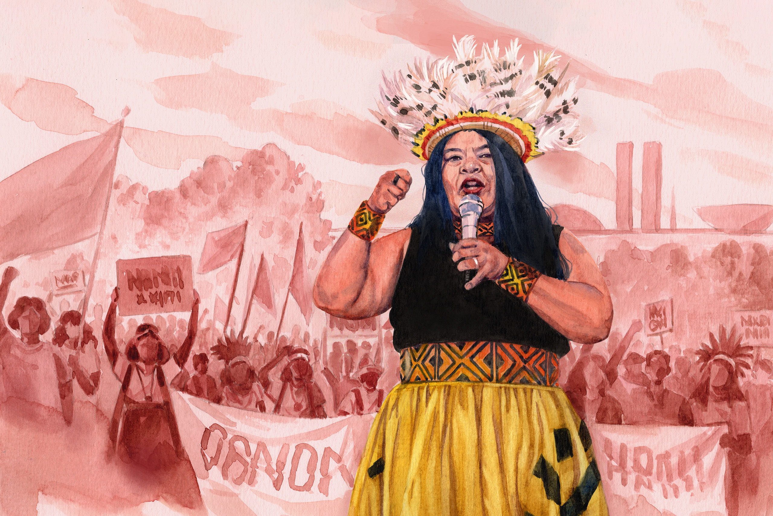 <p>Sonia Guajajara (Illustration: <a href="https://www.instagram.com/sketchplore">Vipin Sketchplore</a> / Dialogue Earth. Source photo: Edgar Kanaykõ Xakriabá / Dialogue Earth)</p>