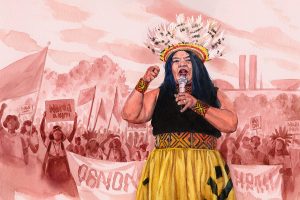 Retrato ilustrado de una mujer indígena frente a manifestantes