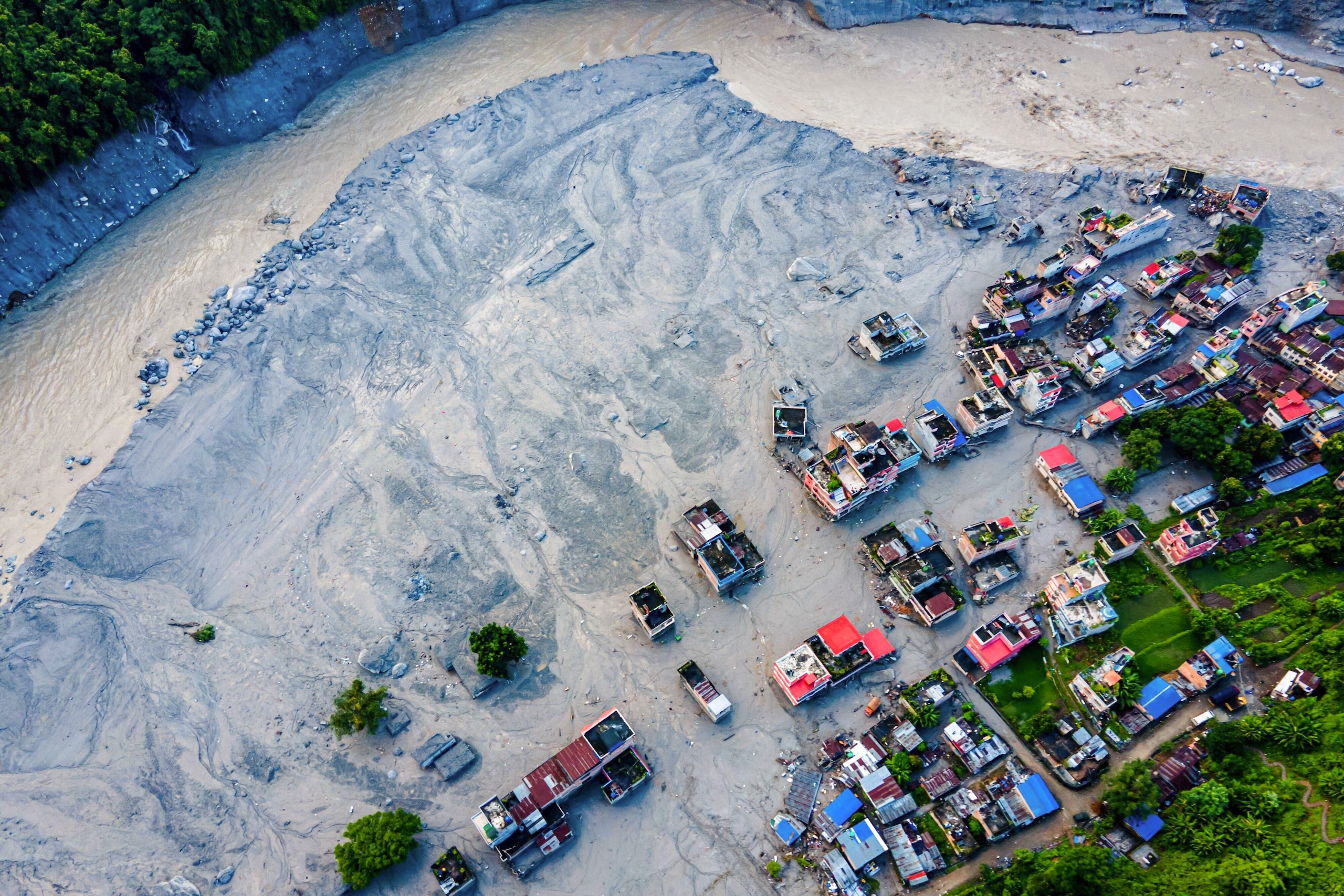 <p>Nuwakot, which sits along Nepal’s Bhotekoshi River, sustained extensive infrastructural damage in the floods of 26 August. Several of Nepal’s hydropower plants along the river have been damaged, and power exports to neighbouring countries halted (Image: Ambir Tolang / Imago / Alamy)</p>