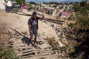 man carries felled tree trunks