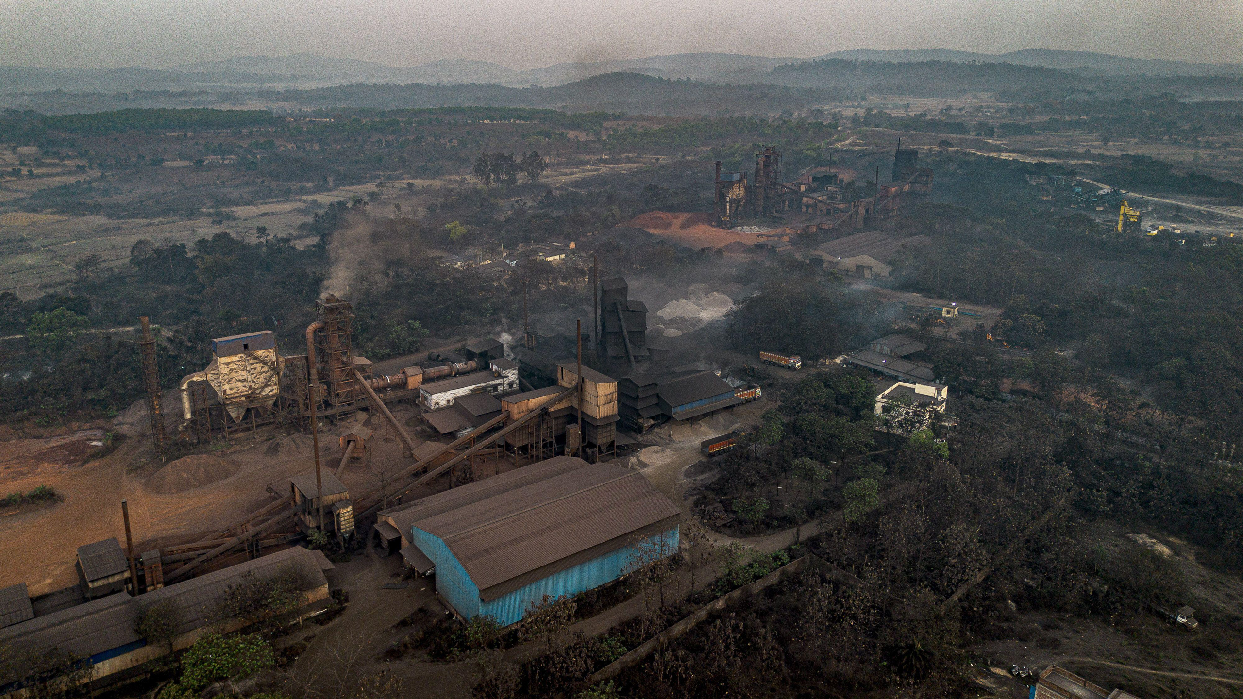 aerial view of dark industrial buildings