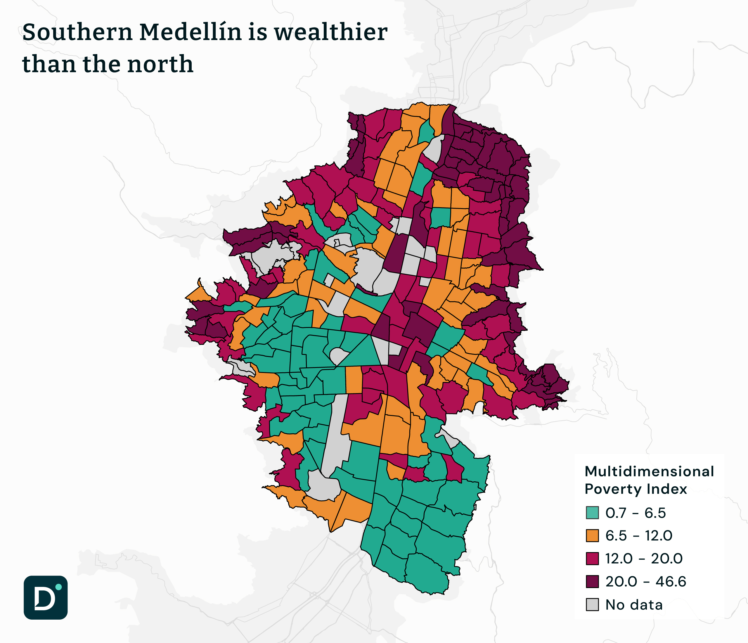 A map of Medellín showing the Multidimensional Poverty Index by neighborhood