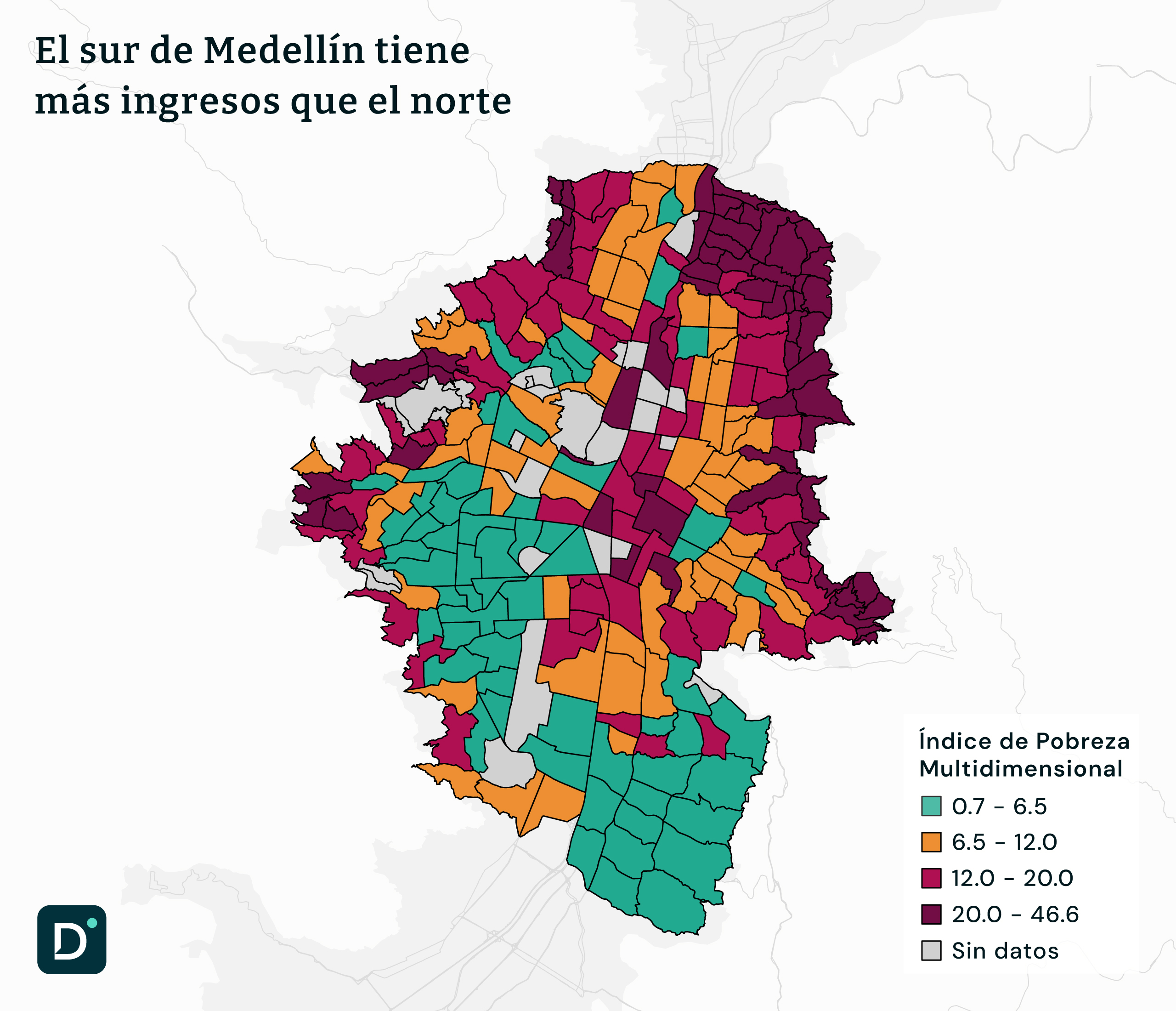 Mapa de Medellín, con las zonas de mayores y menos ingresos marcadas en distintos colores