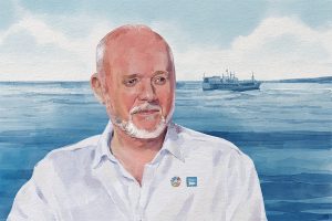 Illustrated portrait of white man in a shirt with blue sea in the background