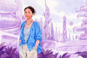 Li Yan in front of a futuristic urban landscape