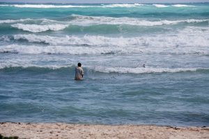 Man fishes with net in waves off a beach