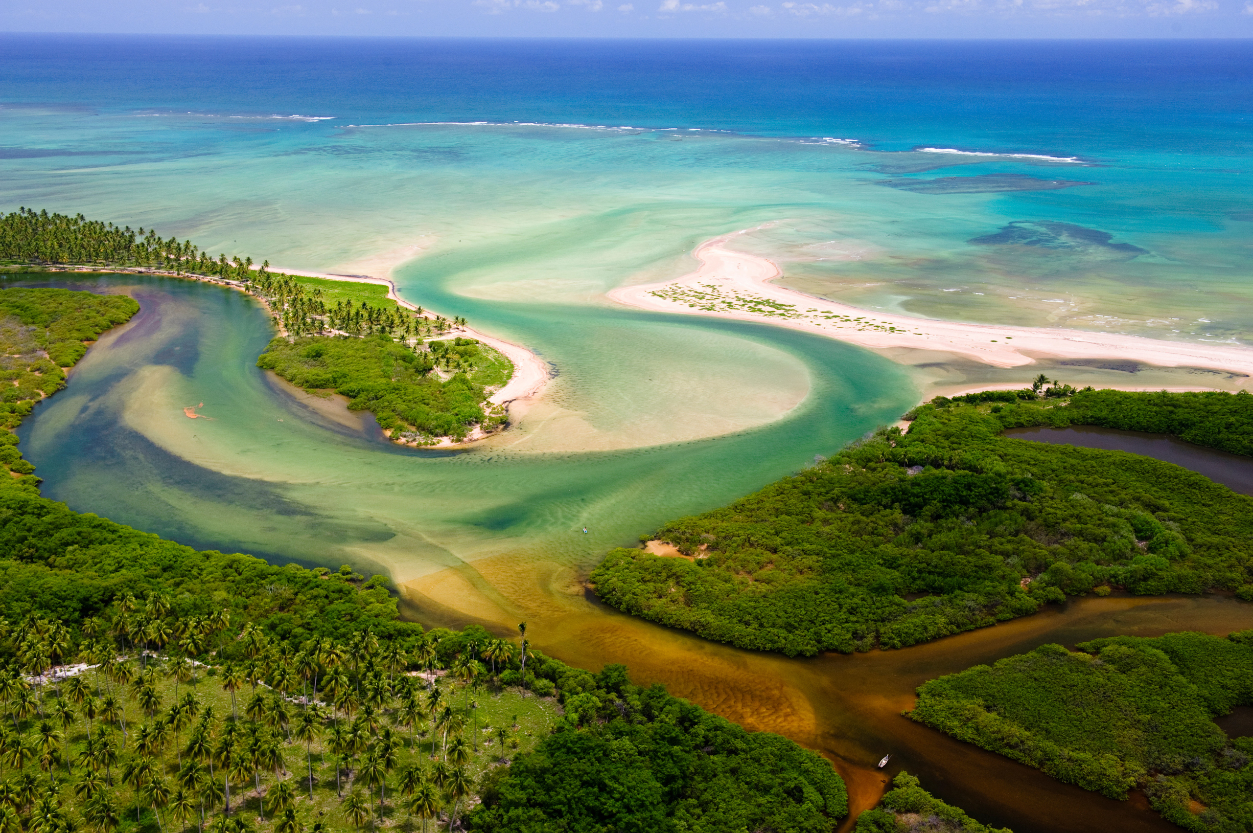 aerial view of river, estuary and ocean