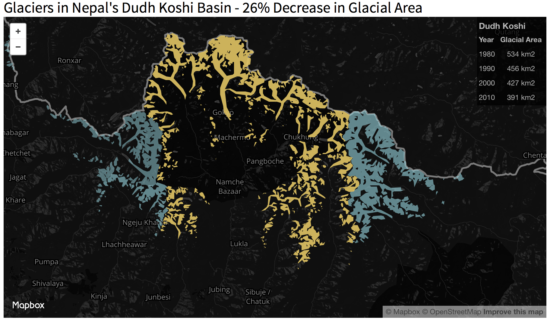 From 1980 to 2010, the Dudh Koshi has lost over 140 square kilometres of glacier area. Click the image to explore the animated visualisation.